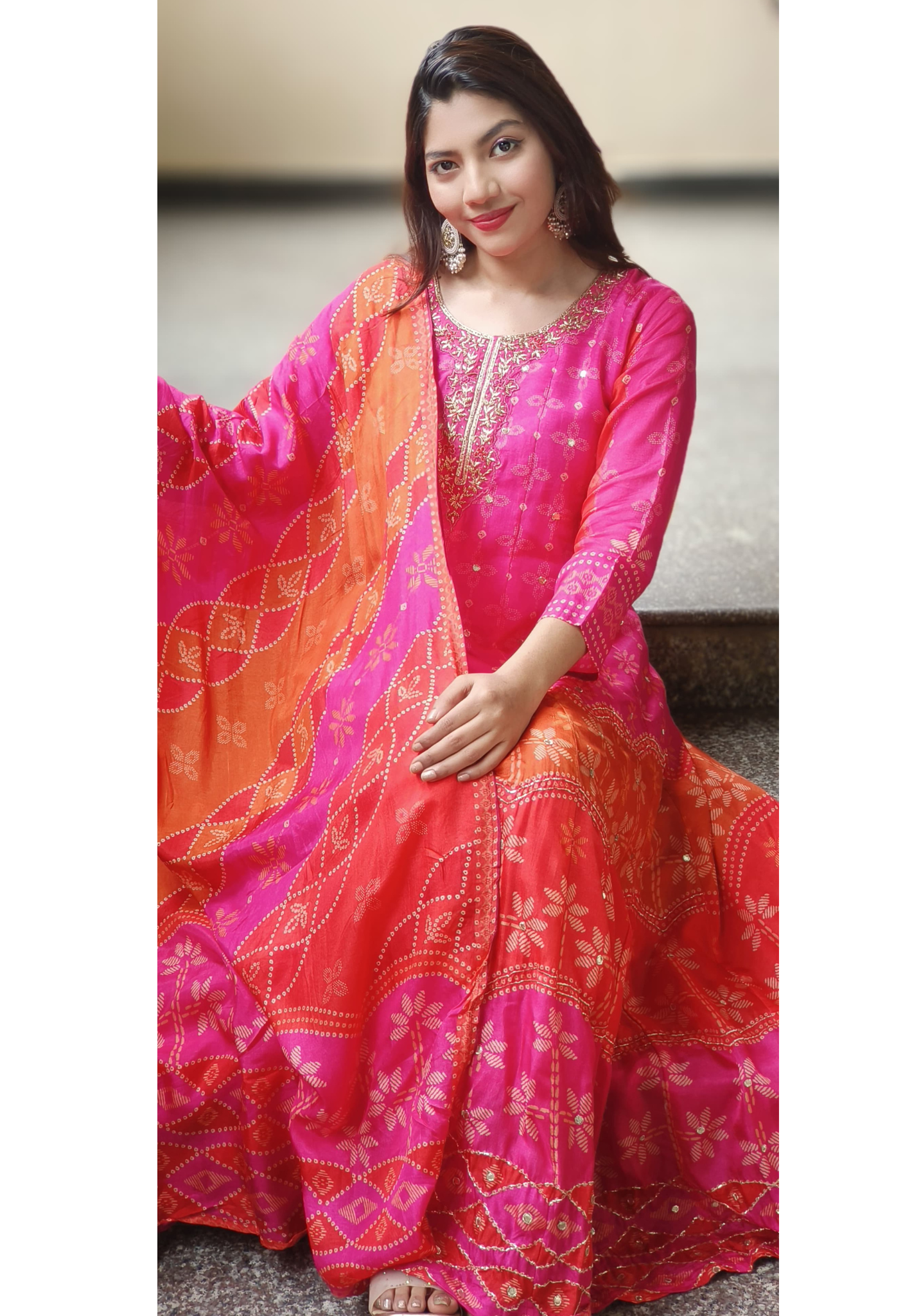 Ombre Shade Silk Printed Panel Anarkali set With Dupatta