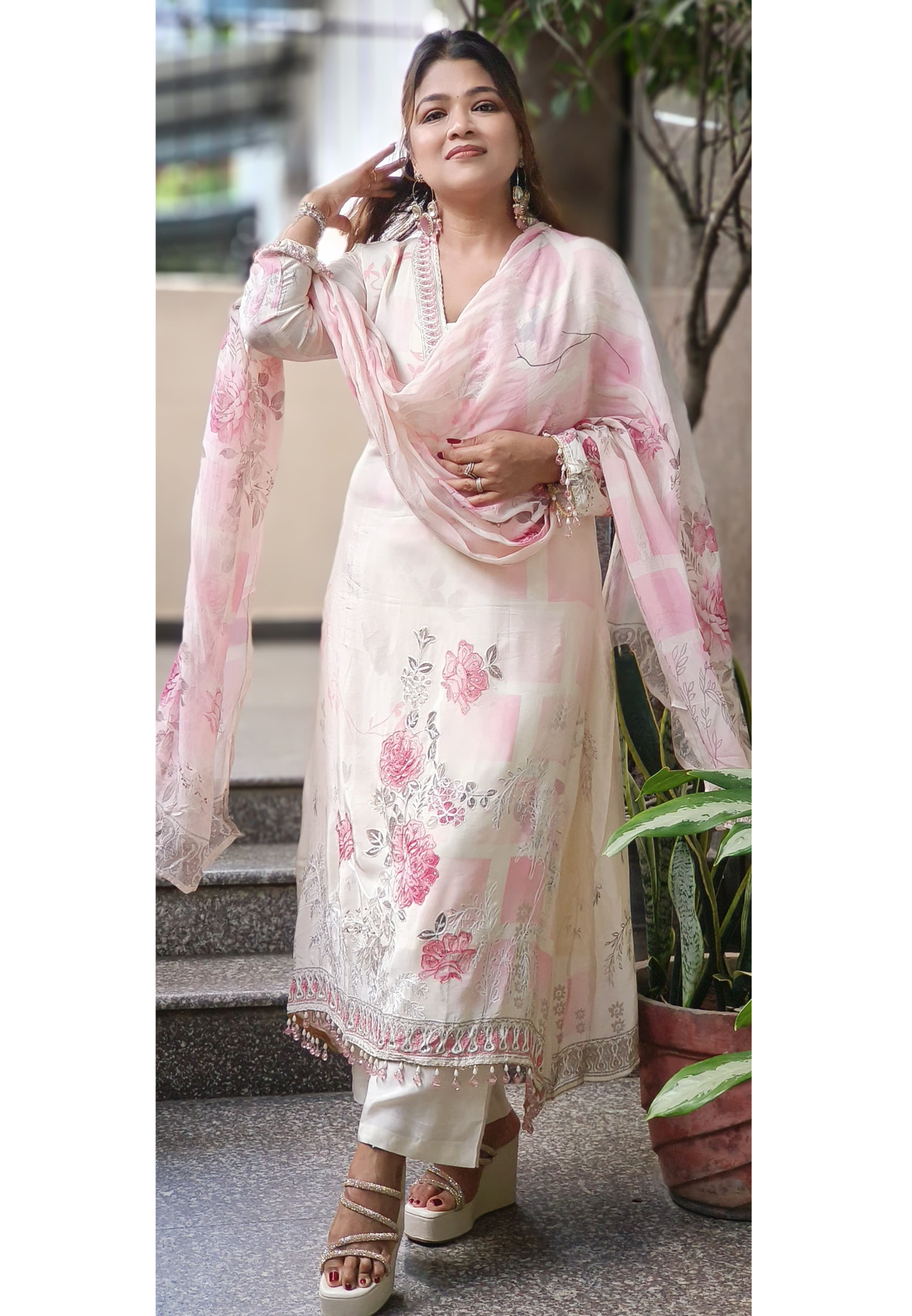 Anarkali Pure Crepe Stylish Full Suit With Floral Organza Dupatta