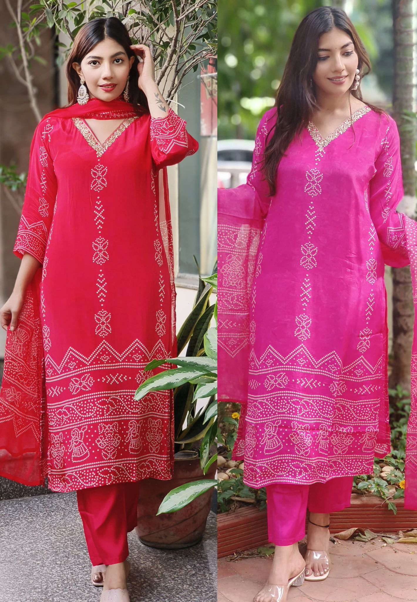 V-Neck Handwork Bandhani Print Full Suit Set With Dupatta In Crepe Fabric