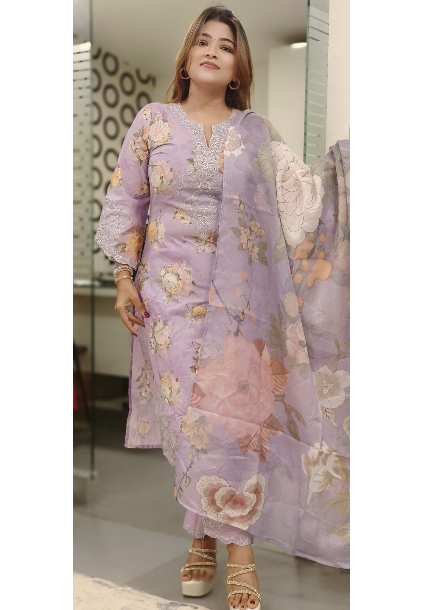 Pastel Floral Cotton Kurta Sets with Embroidered Neck, Organza Sleeve Patches & Matching Kora Checks Cotton Dupatta