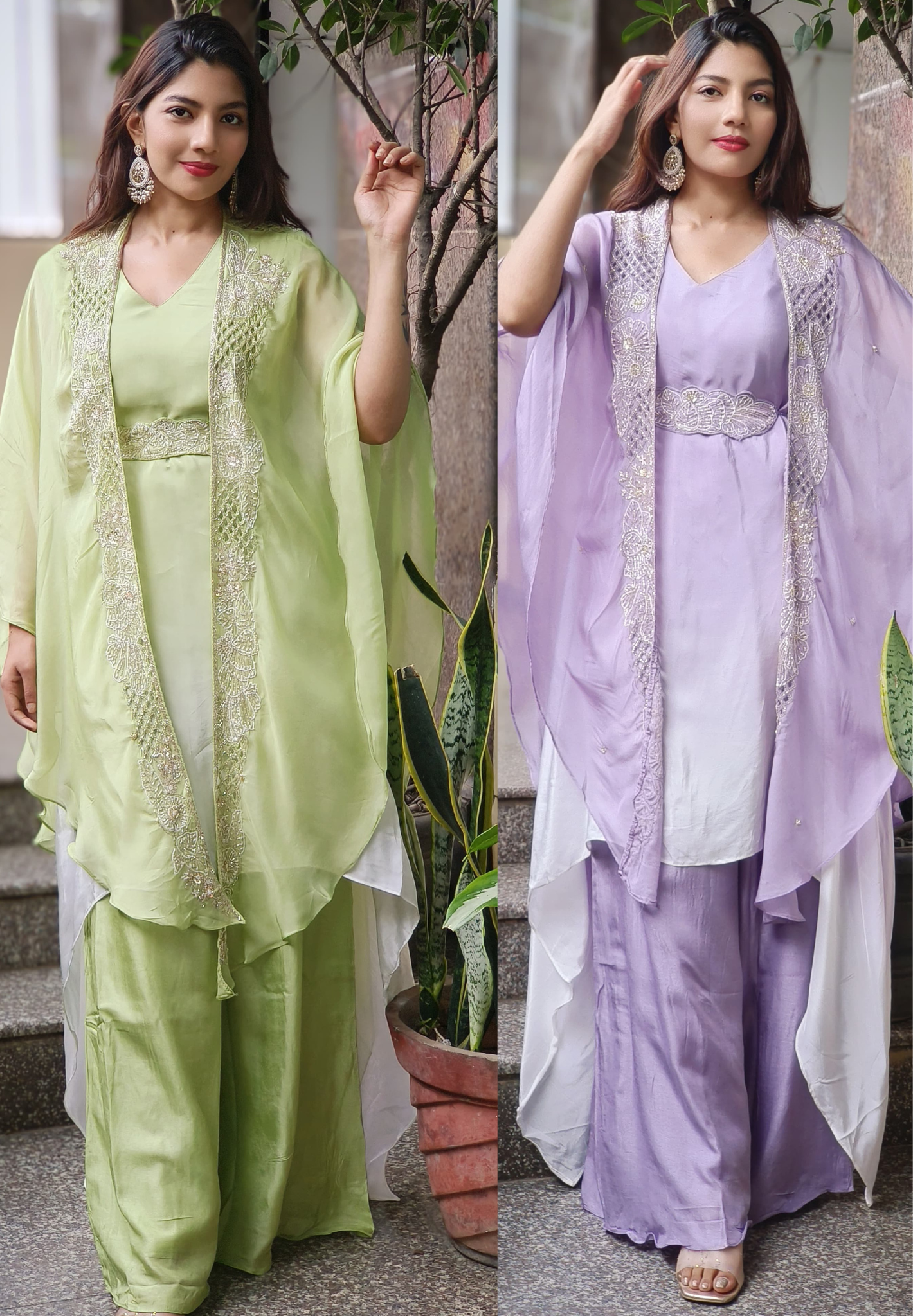 Embroidered Handwork Crepe Top With Palazzo & Shrug