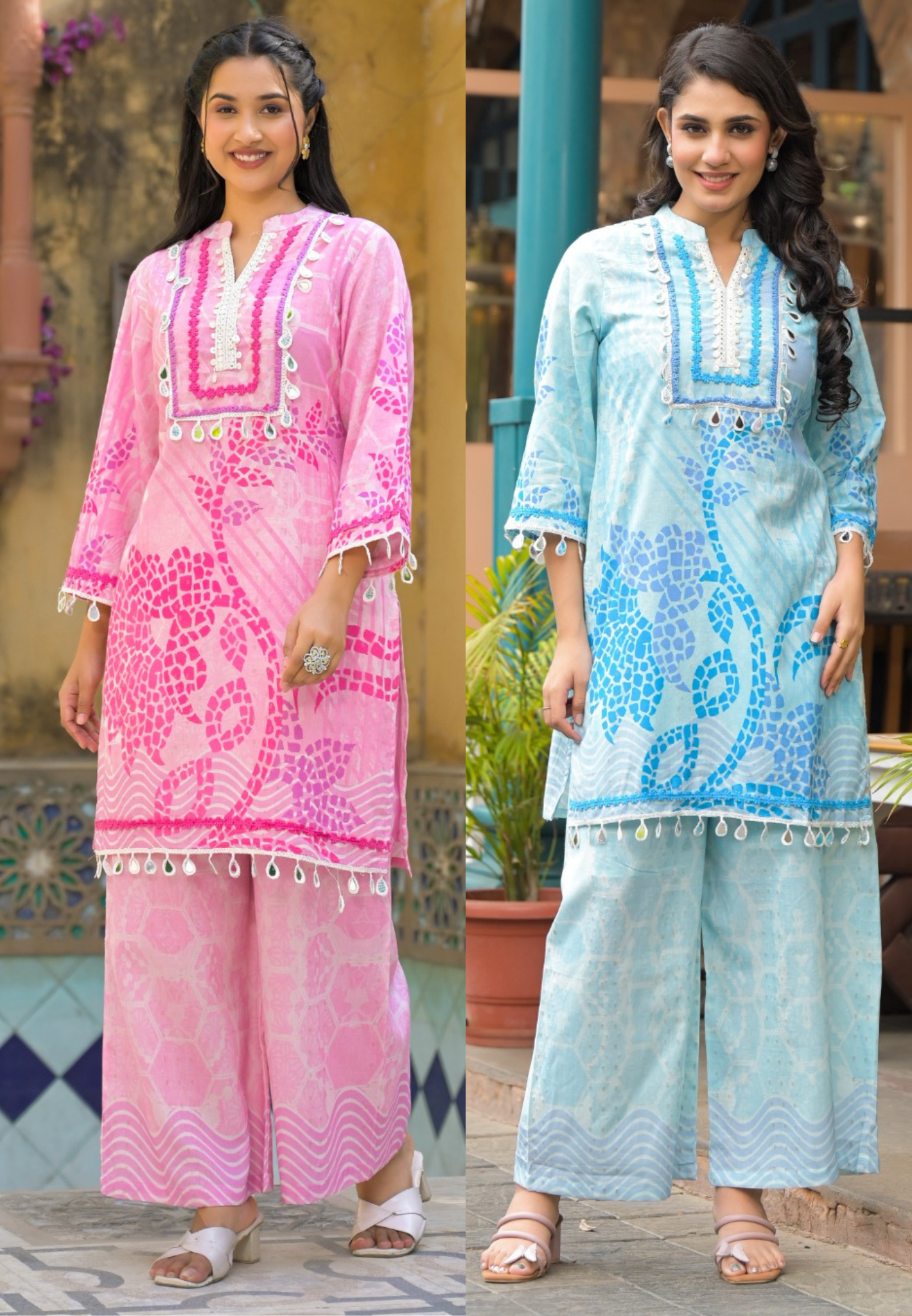Crosia Lace Work With Real Mirror Kurta Pant Set In Linene Cotton Fabric