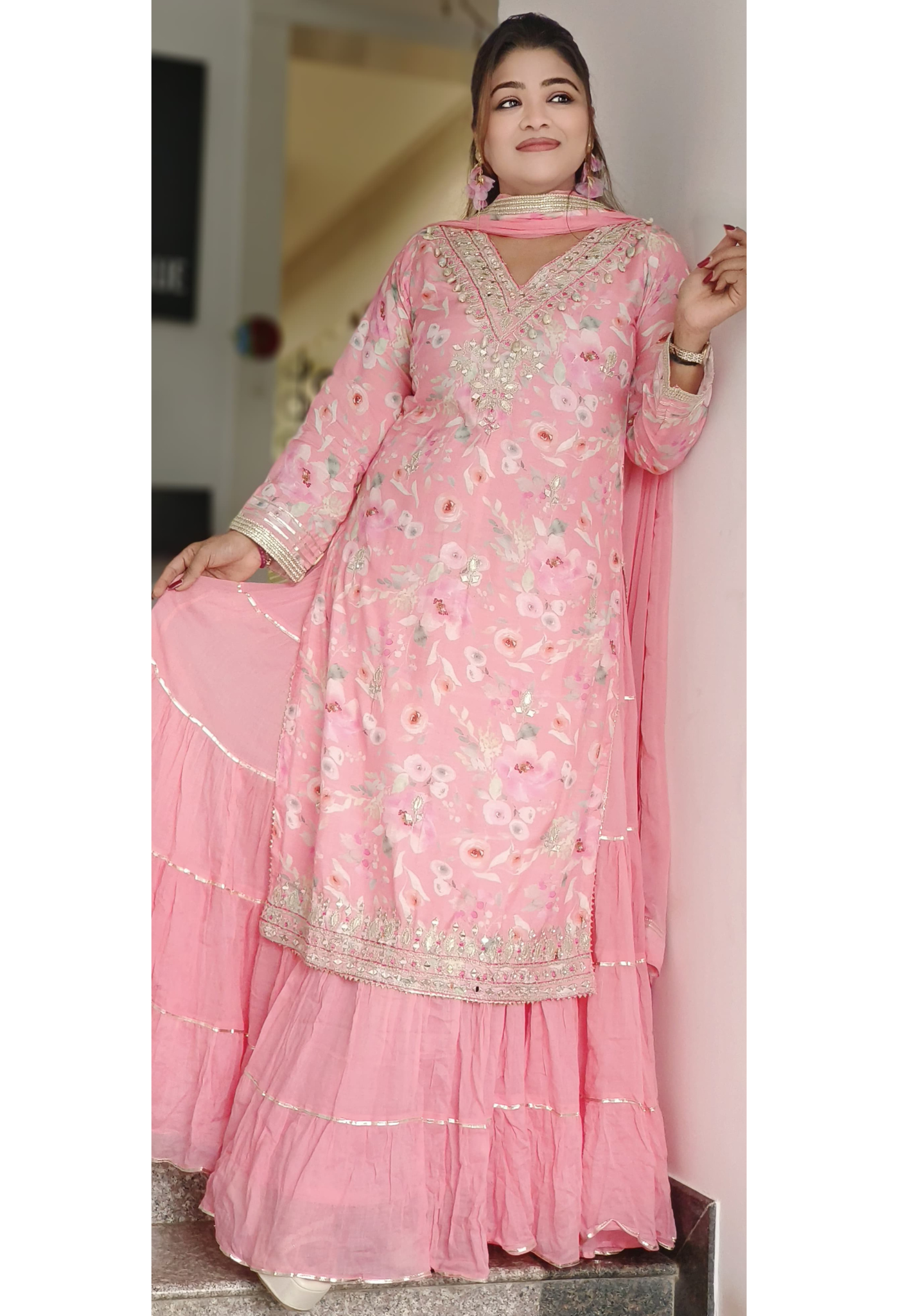 Soft Glamour Light-Toned Layered Gown with Subtle Embroidery