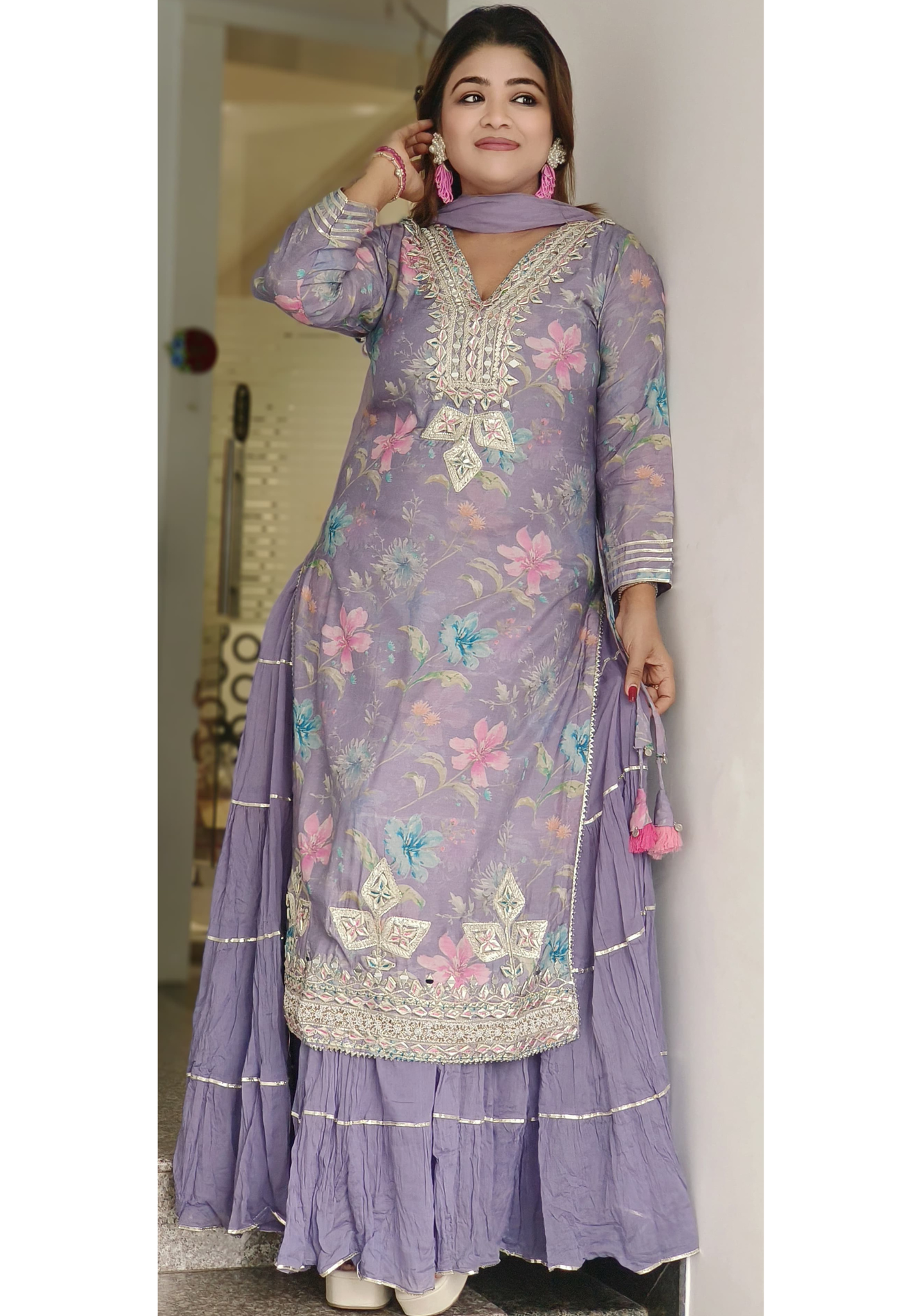 Beautiful Real Mirror  Lilac Shade floral print Muslin Double Layered Gown