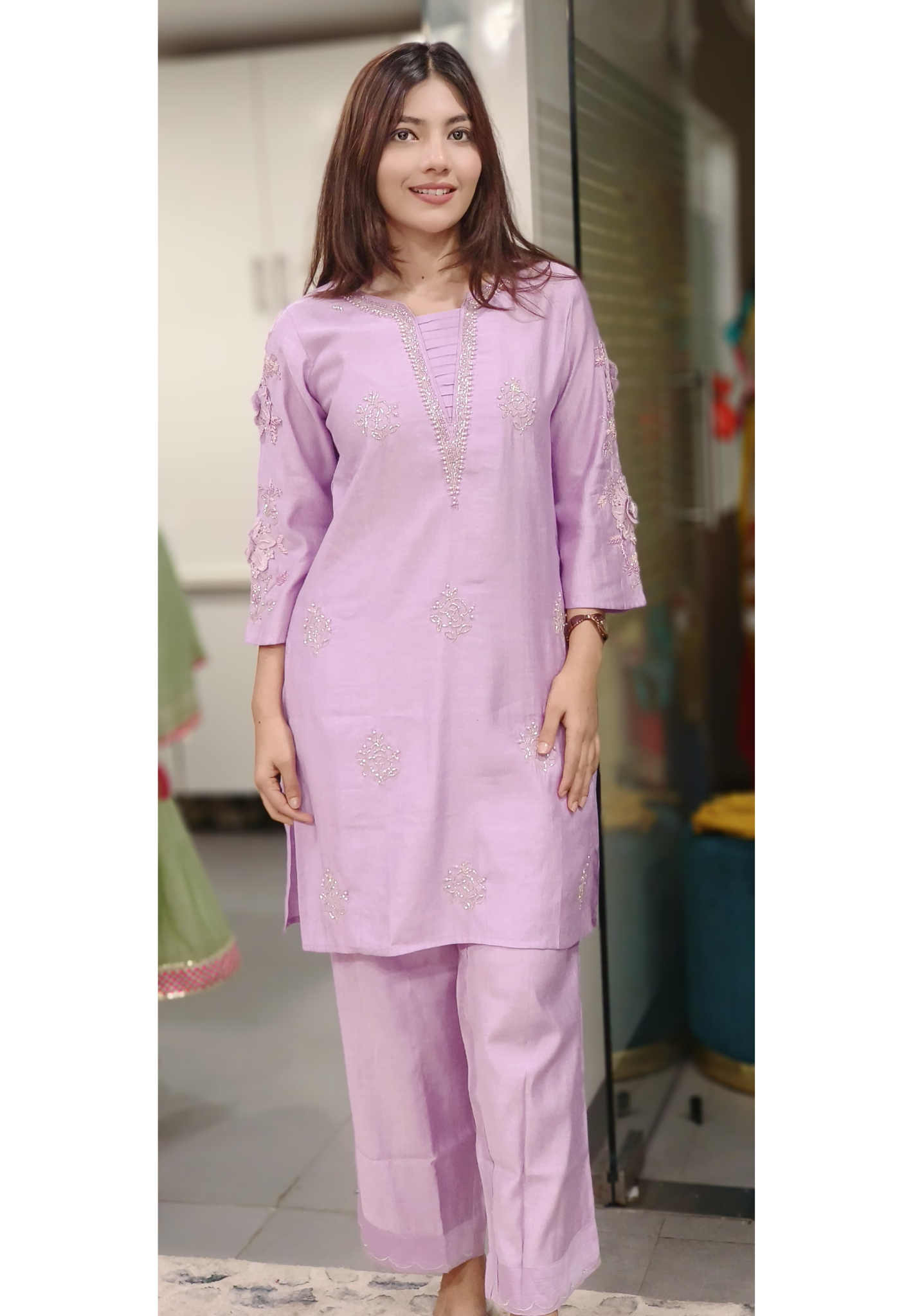 Pearl Elegance Beautiful V-Neck Popped Flower Vertical Fabric Kurta Pant Set- 10277