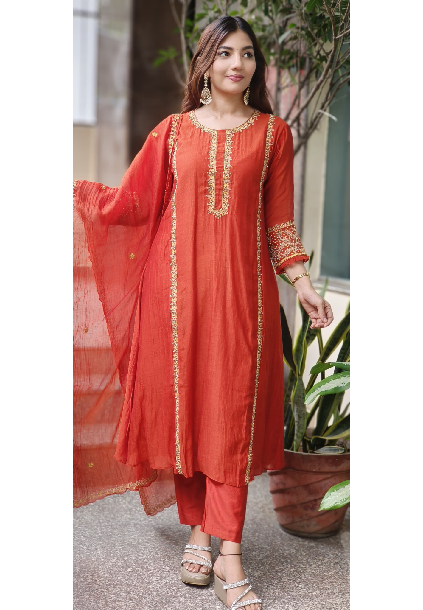 Pearl Lace Minimal Bordered Work A-Line Full Suit Set With Dupatta In Mul Chanderi Fabric