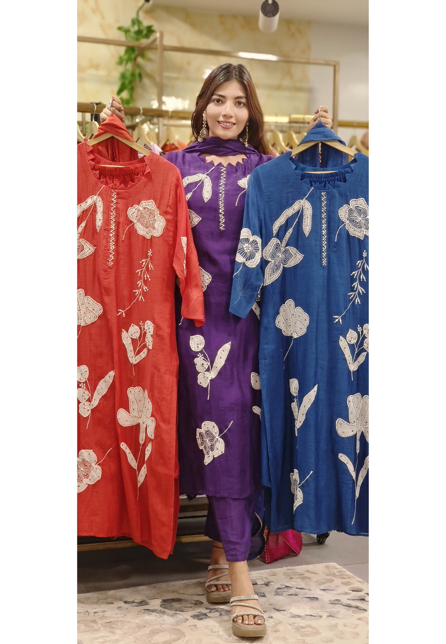 Thread Embroidery With Slight Katha Stich Full Suit Set With Dupatta In Mul Chanderi Fabric