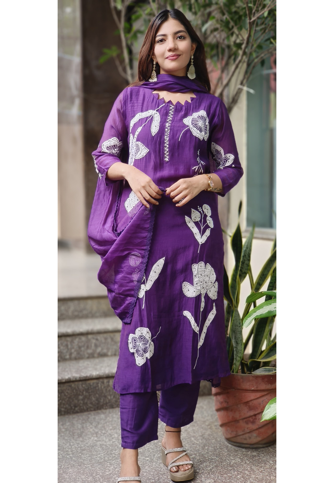 Thread Embroidery With Slight Katha Stich Full Suit Set With Dupatta In Mul Chanderi Fabric
