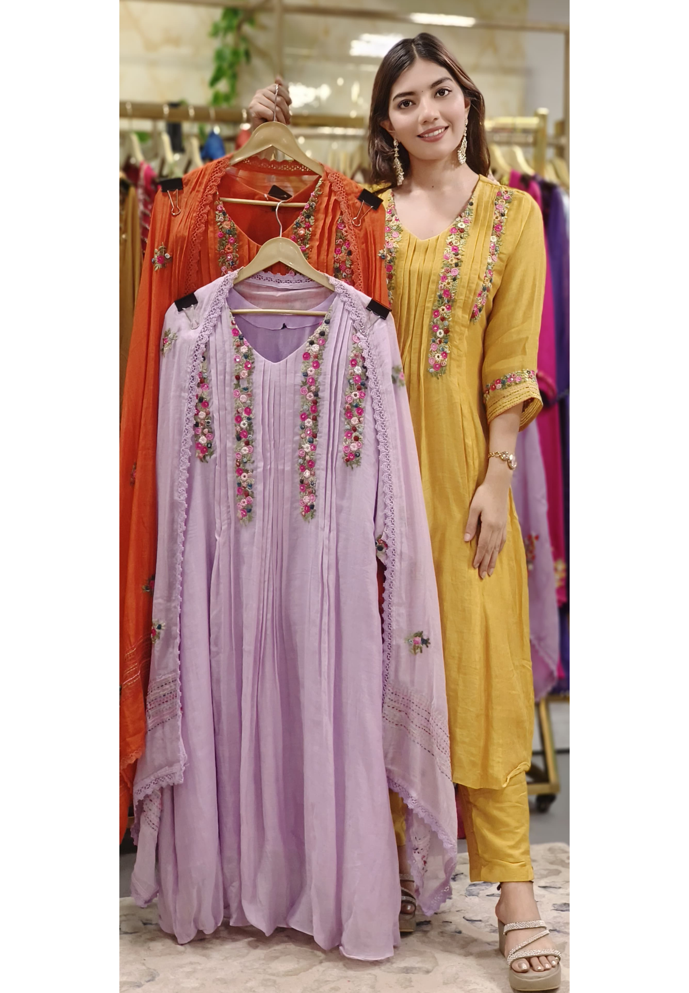 Floral Thread Hand Weaved A-Lined Full Suit Set With Dupatta In Mul Chanderi Fabric