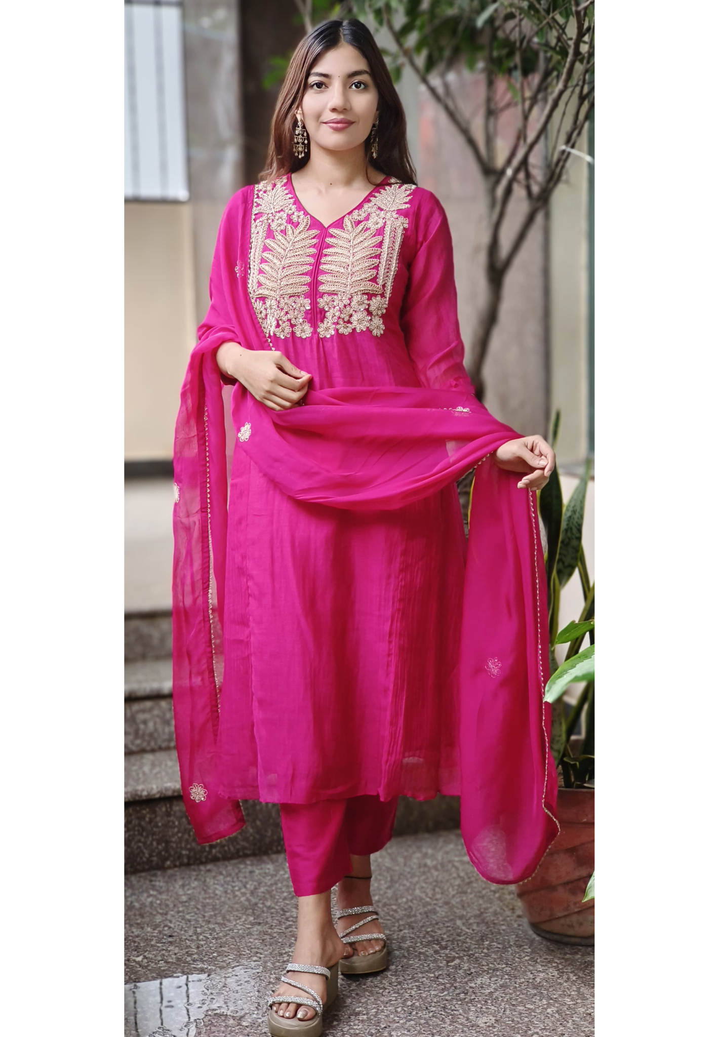 Zari Embroidery Work A-Line Full Suit Set With Dupatta In Mul Chanderi Fabric