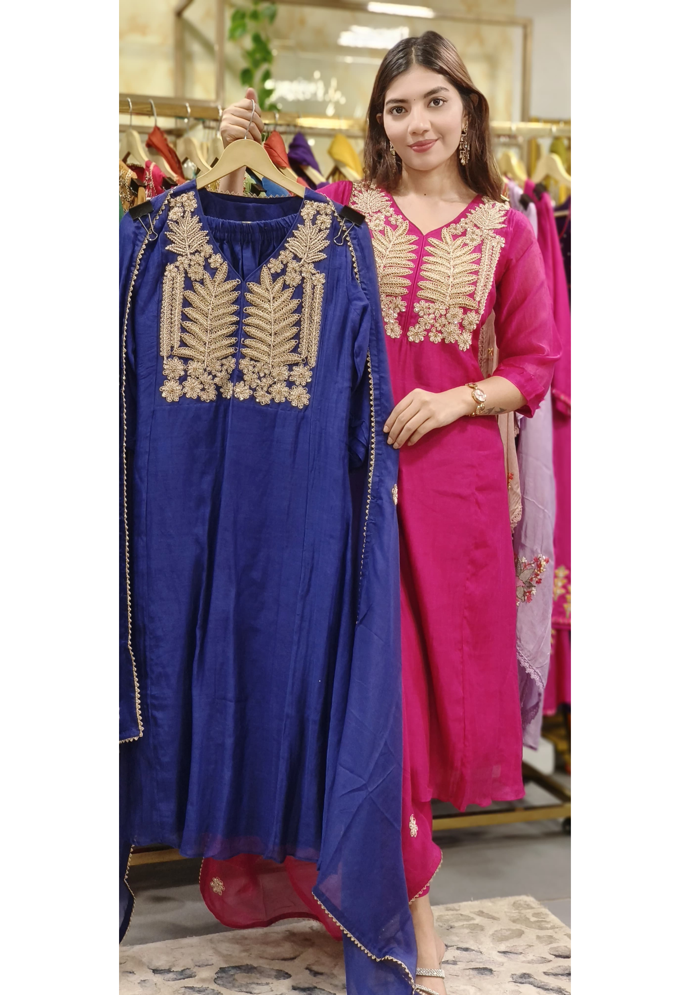 Zari Embroidery Work A-Line Full Suit Set With Dupatta In Mul Chanderi Fabric