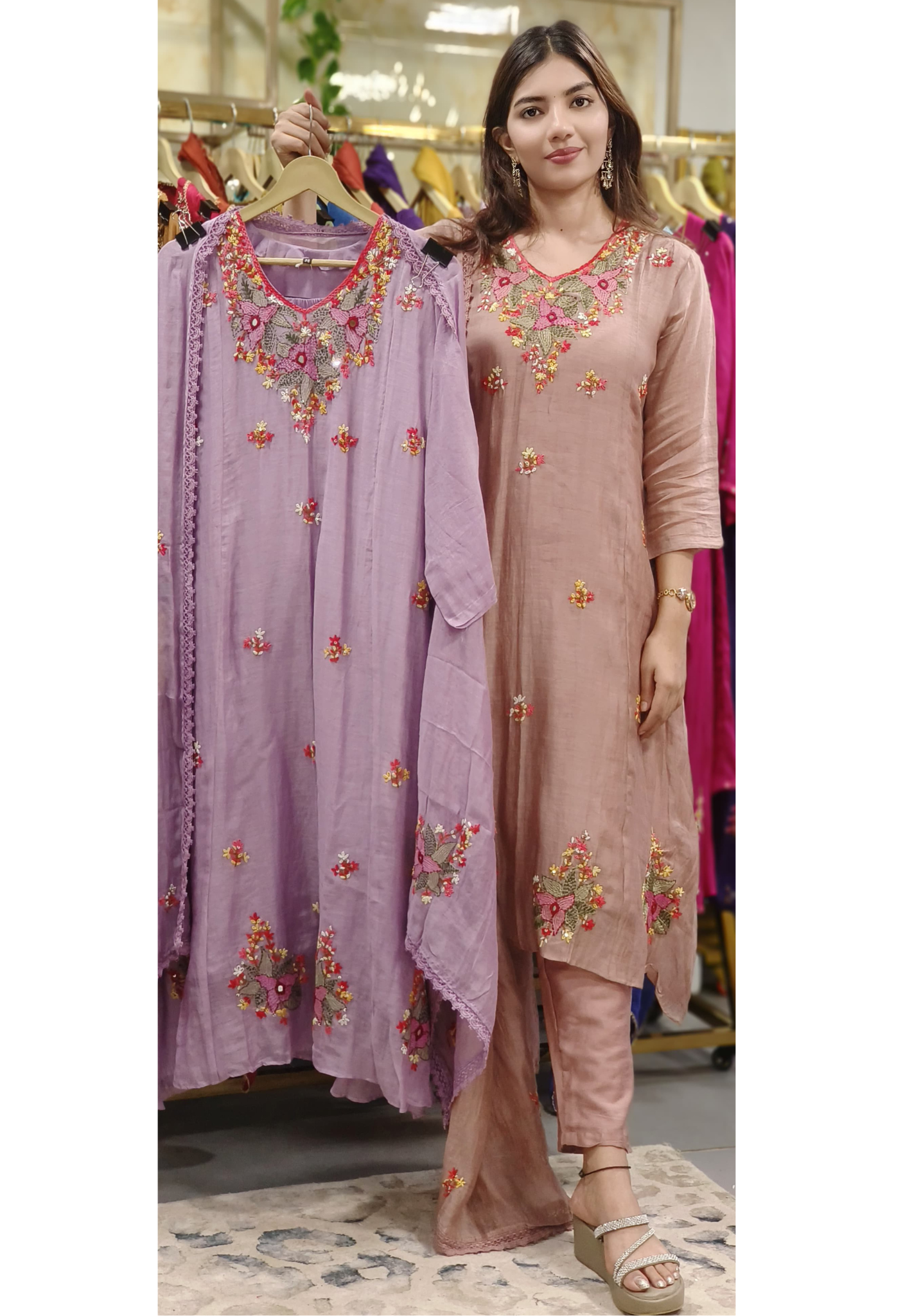 Light Shade Katha Stitch Thread Work Mul Chanderi Full Suit Set With Dupatta