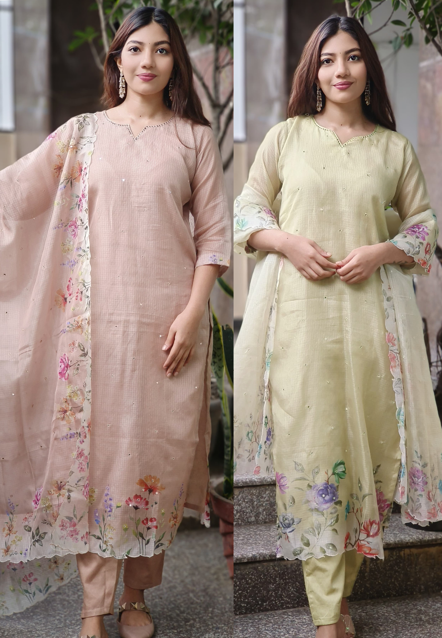 Kora Silk Checks  Floral Cutwork Bordered Full Suit Set With Dupatta