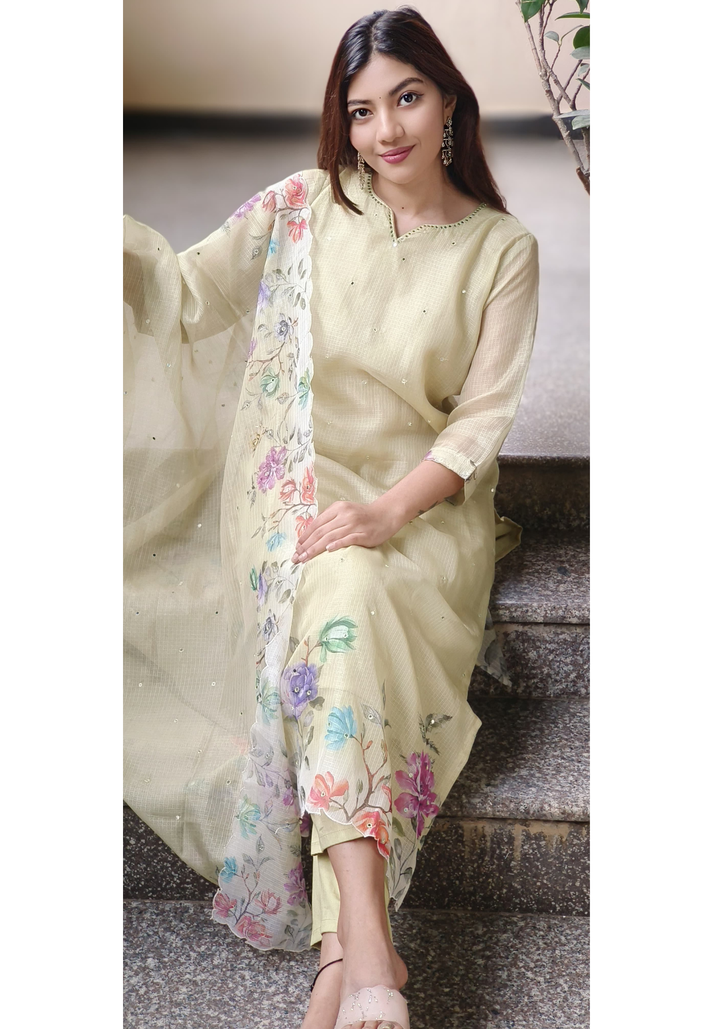 Kora Silk Checks  Floral Cutwork Bordered Full Suit Set With Dupatta