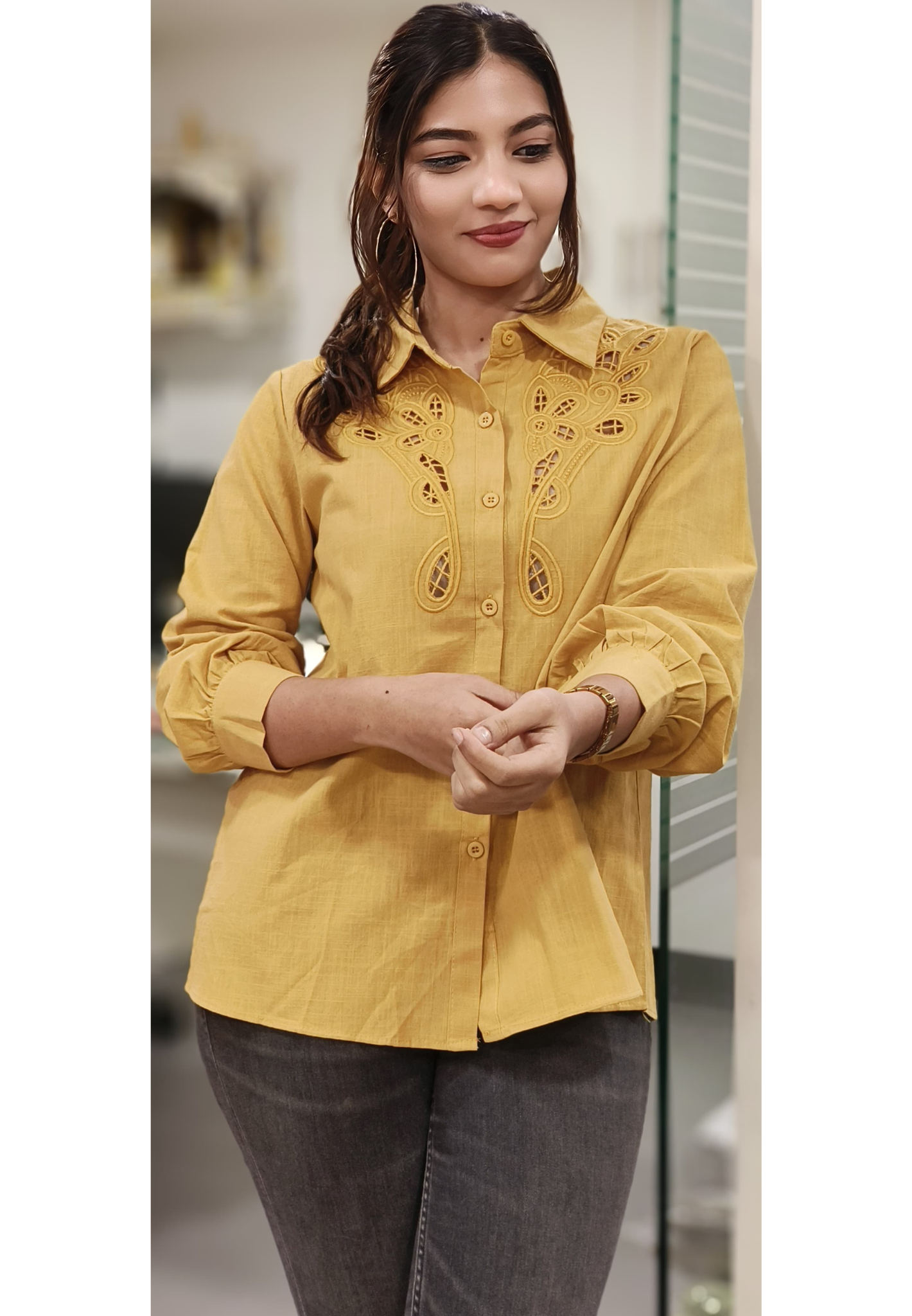 Cut Work With Embroidery Collared Solid Shirt
