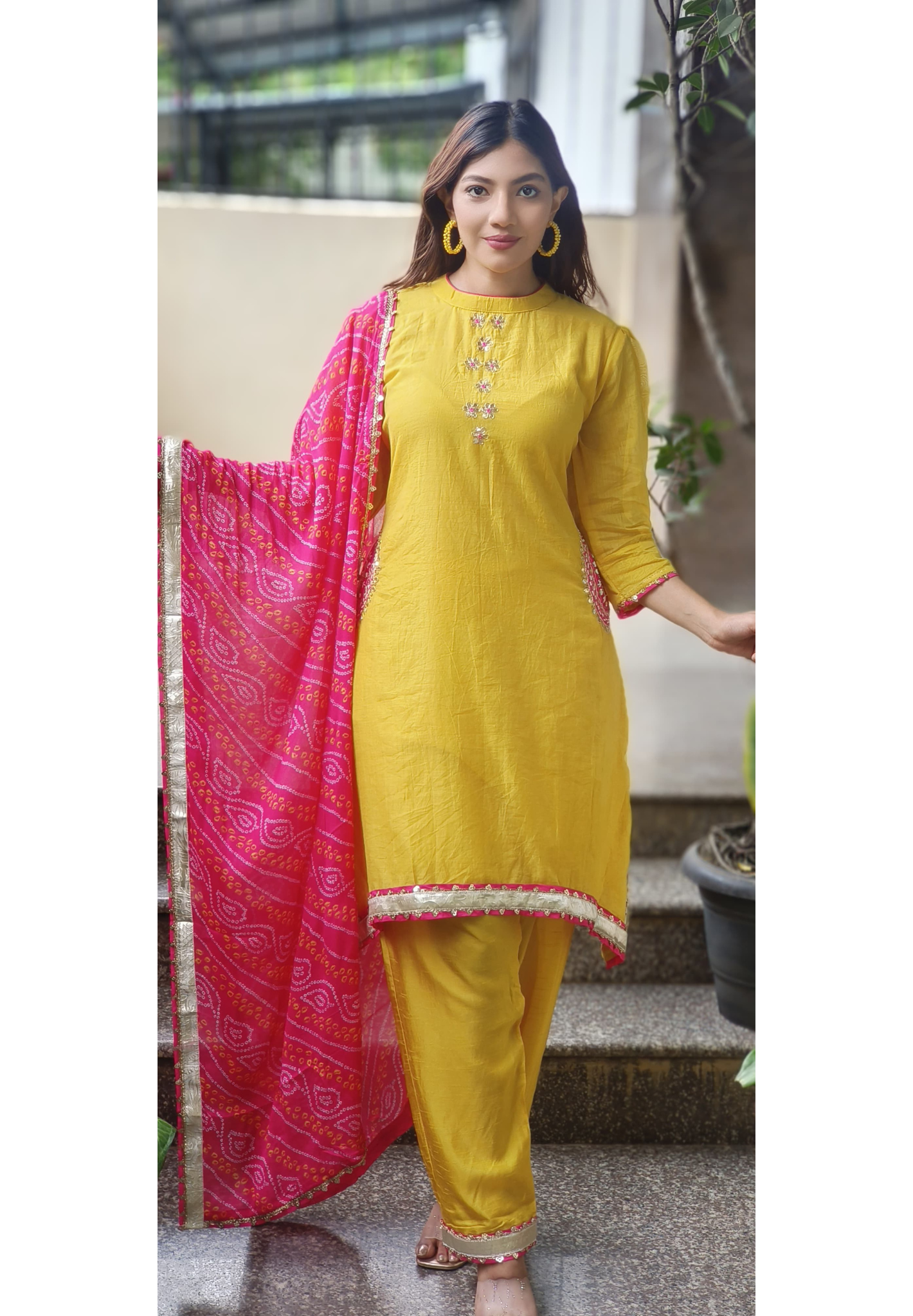 Minimal Work High & Low A-Line Full Suit Set With Bandhej Dupatta In Mul Chanderi Fabric