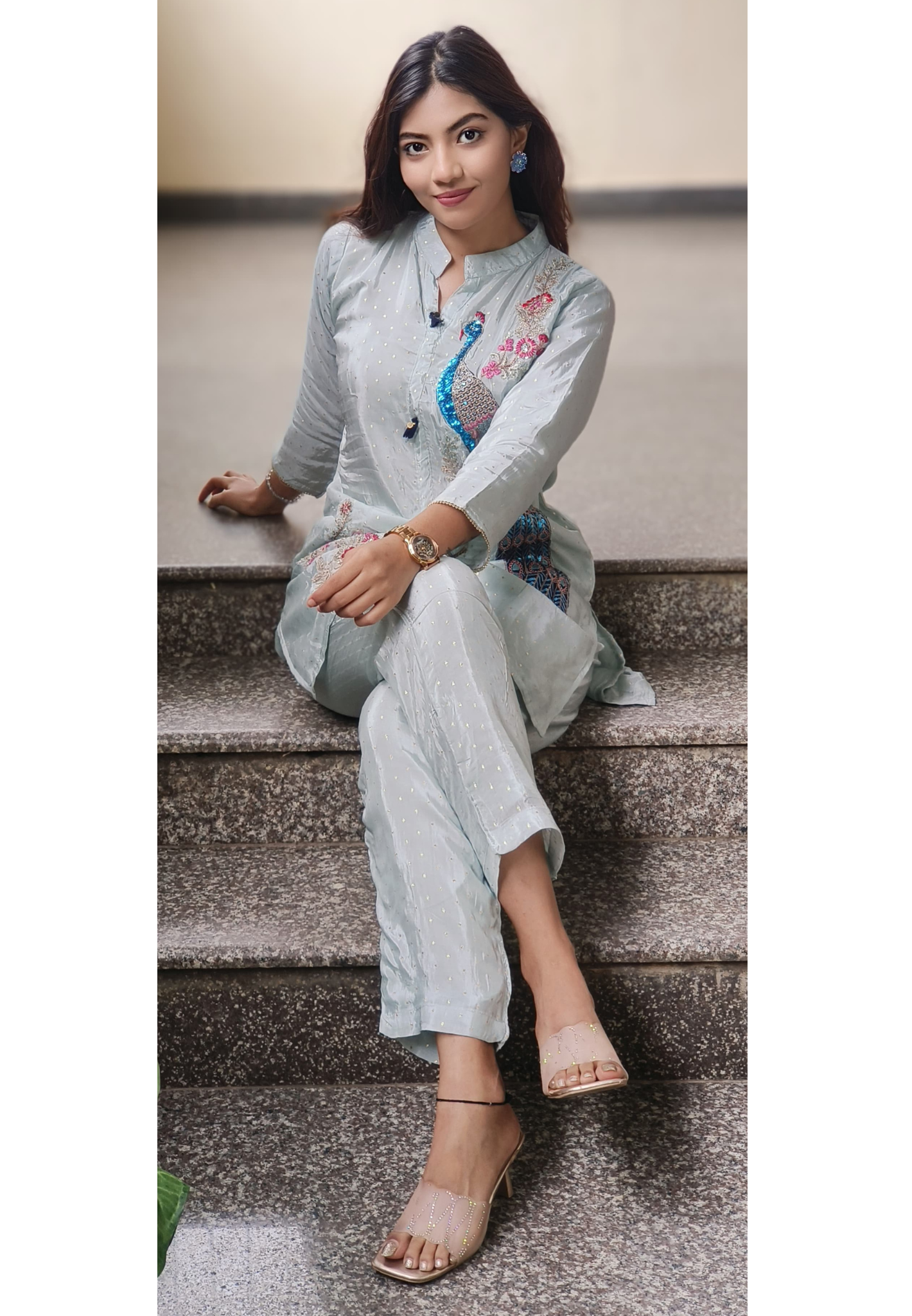 Beautiful Peacock Royal Handwork Banarasi Look Mandarin Collar Co-Ord Set