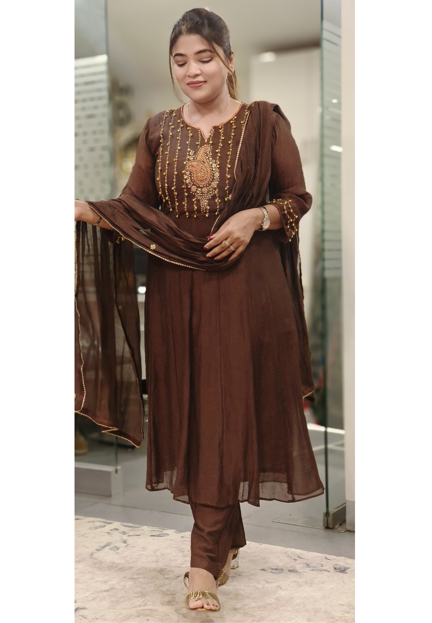 U-Neck With Ghungru Yoke A-Line Mul Chanderi Full Suit Set