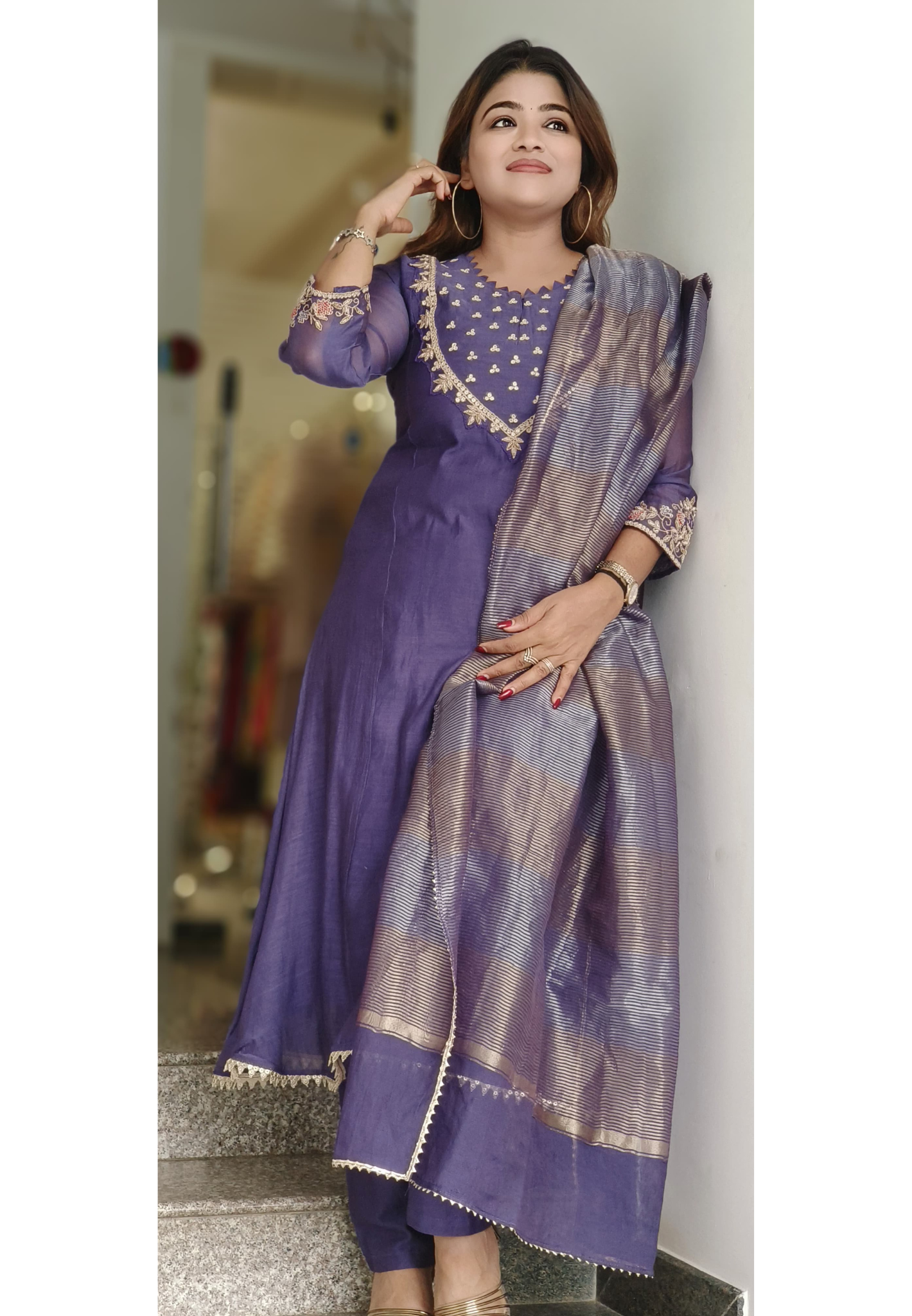 Zardosi Cutwork Front Yoke A-Line Full Suit Set With Dupatta In Mul Chanderi Fabric