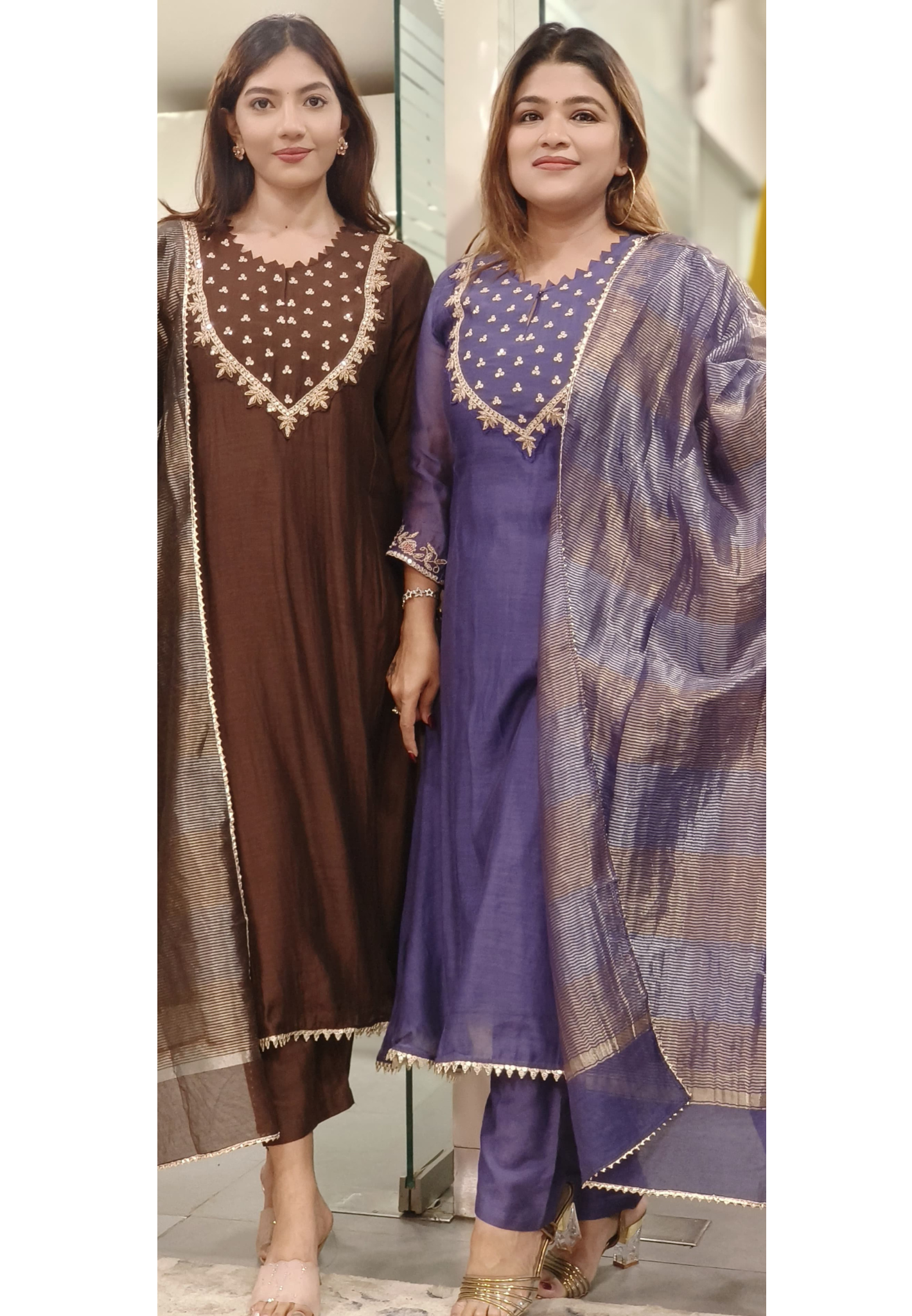 Zardosi Cutwork Front Yoke A-Line Full Suit Set With Dupatta In Mul Chanderi Fabric