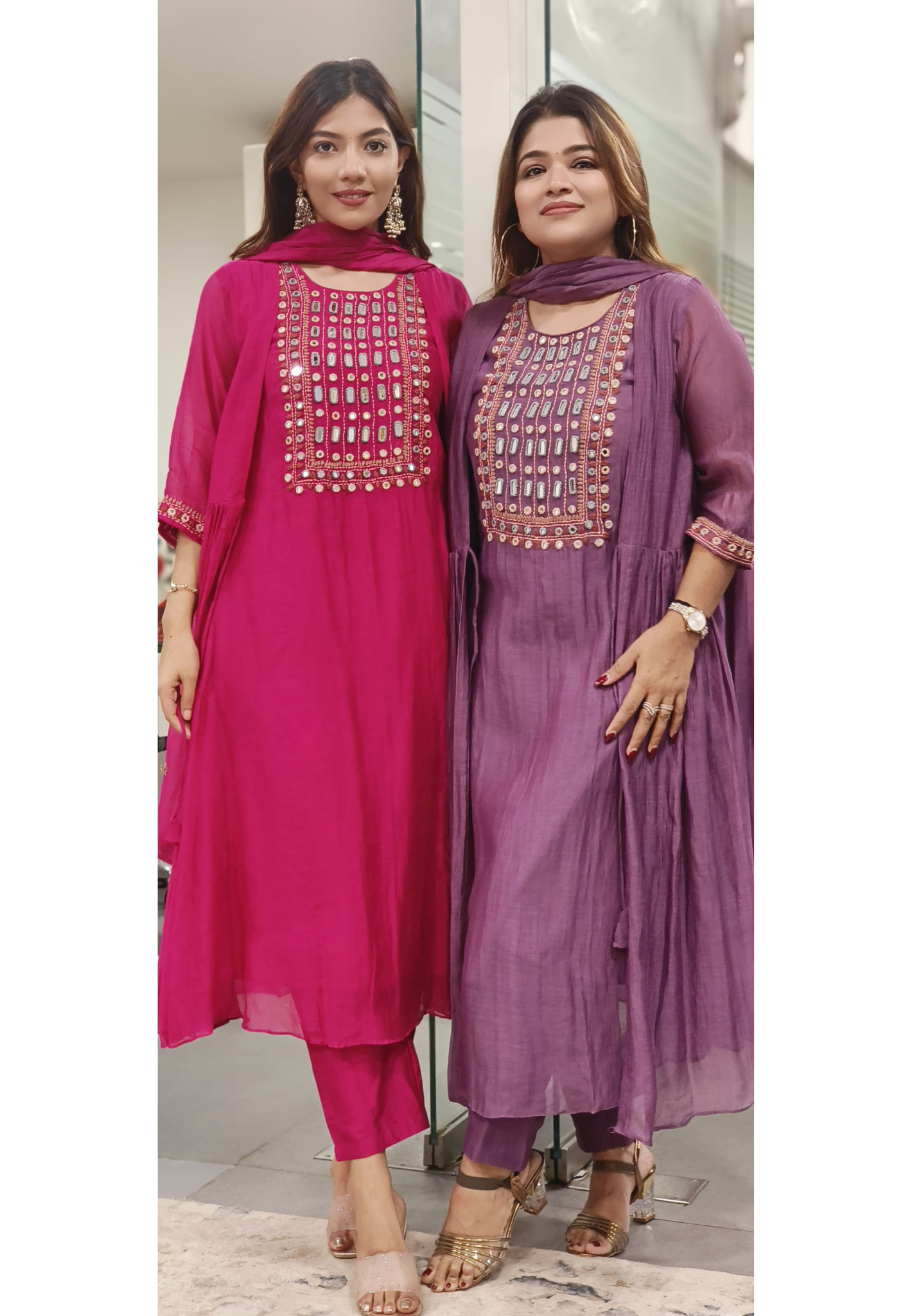 Real Mirror Front Work With Attached Jacket Mul Chanderi A-Line Full Suit Set