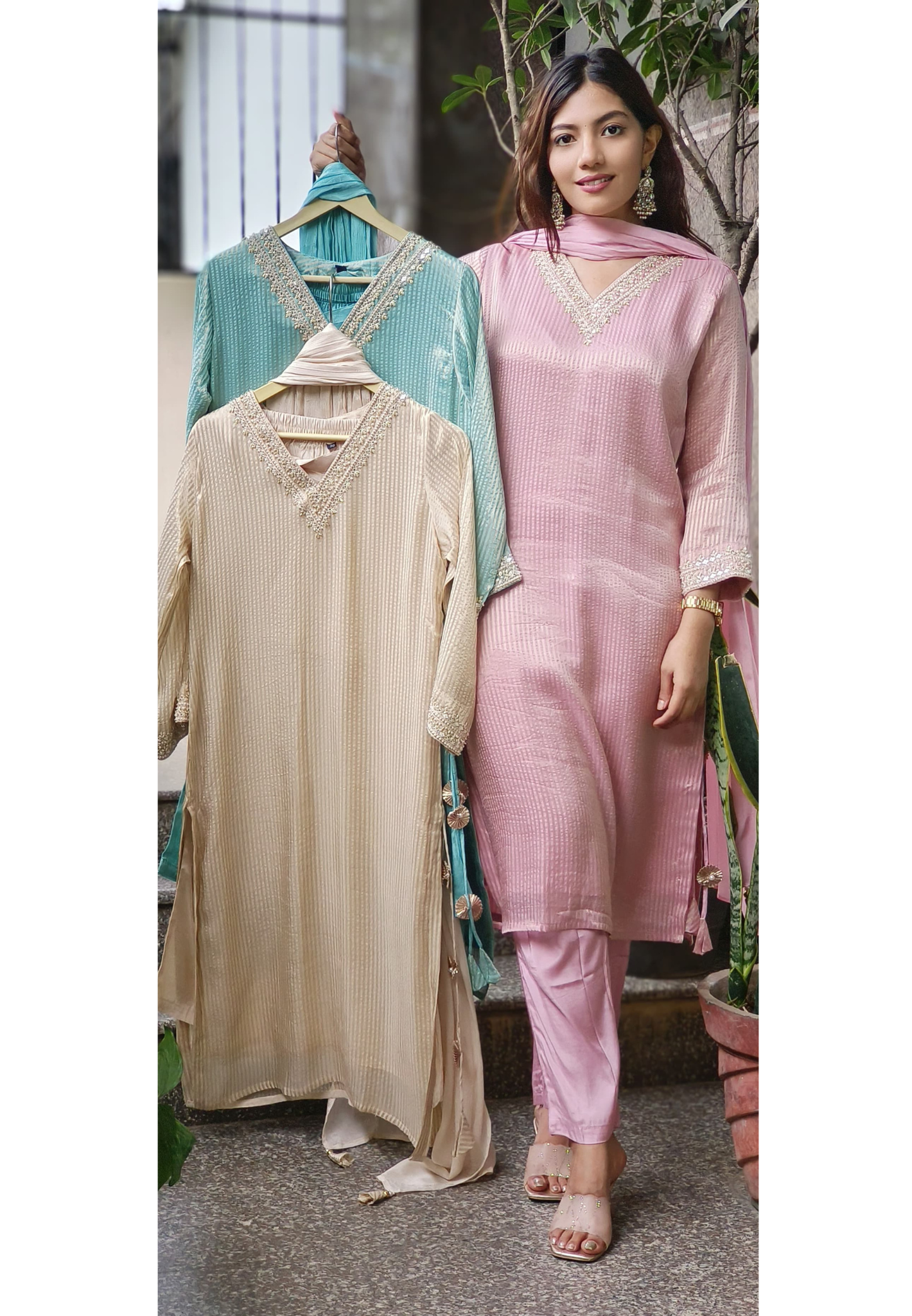 Pastel Glance V-Neck Beautiful Handwork Striped Tissue Full Suit Set With Dupatta- 10504(Dispatching after 15 days)