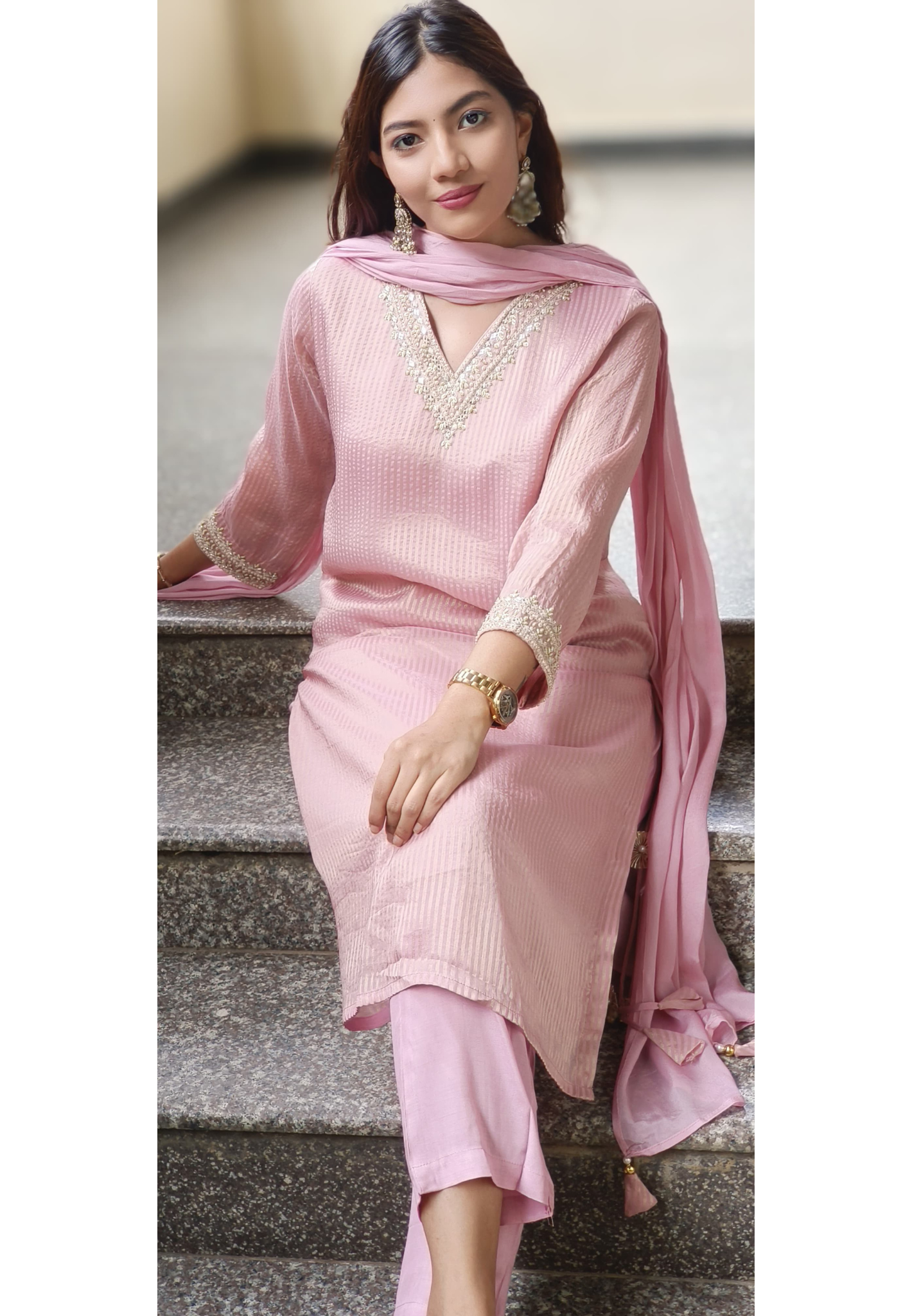 Pastel Glance V-Neck Beautiful Handwork Striped Tissue Full Suit Set With Dupatta- 10504(Dispatching after 15 days)