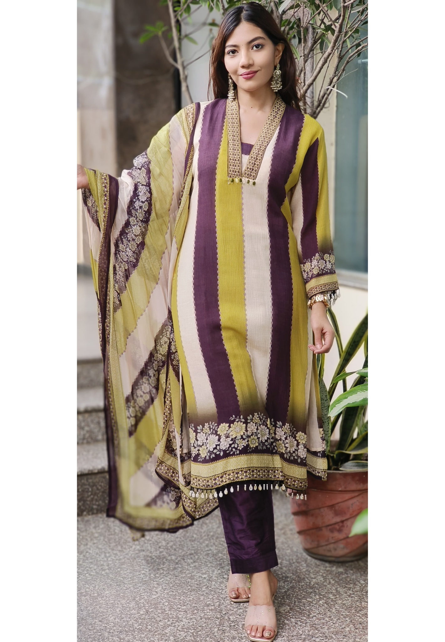 Tri Color Striped V-Neck Mul Cotton Full Suit Set With Organza Dupatta- 10532