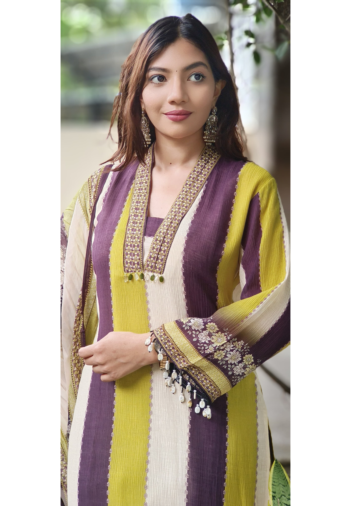 Tri Color Striped V-Neck Mul Cotton Full Suit Set With Organza Dupatta- 10532