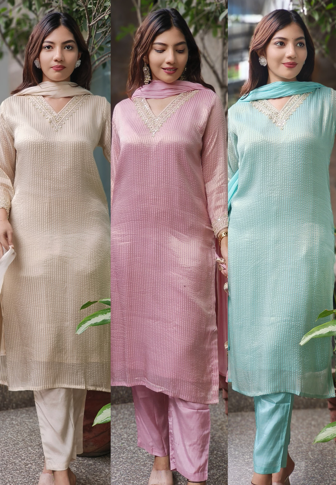 Pastel Glance V-Neck Beautiful Handwork Striped Tissue Full Suit Set With Dupatta- 10504(Dispatching after 15 days)
