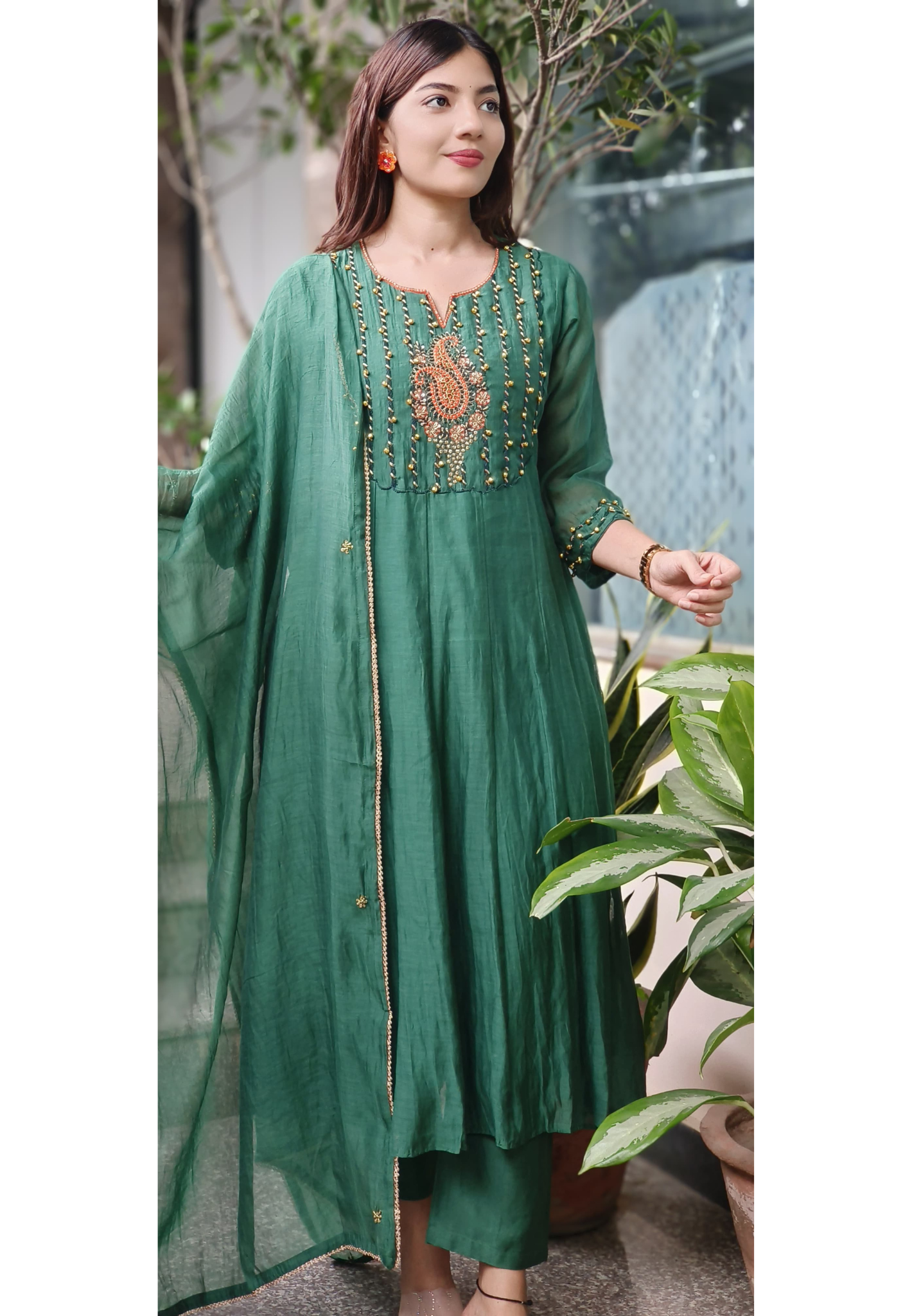 U-Neck With Ghungru Yoke A-Line Mul Chanderi Full Suit Set
