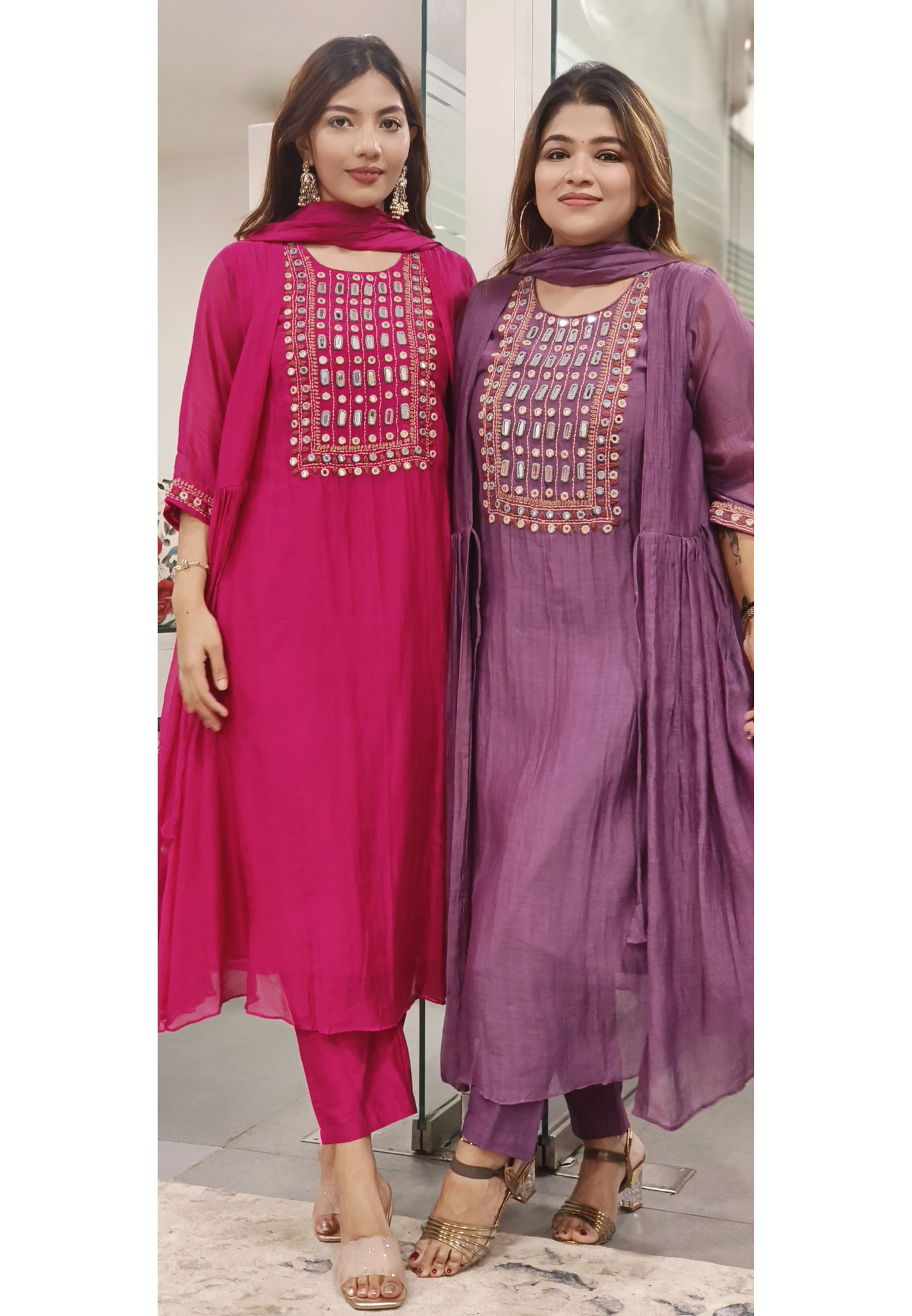 Real Mirror Front Work With Attached Jacket Mul Chanderi A-Line Full Suit Set