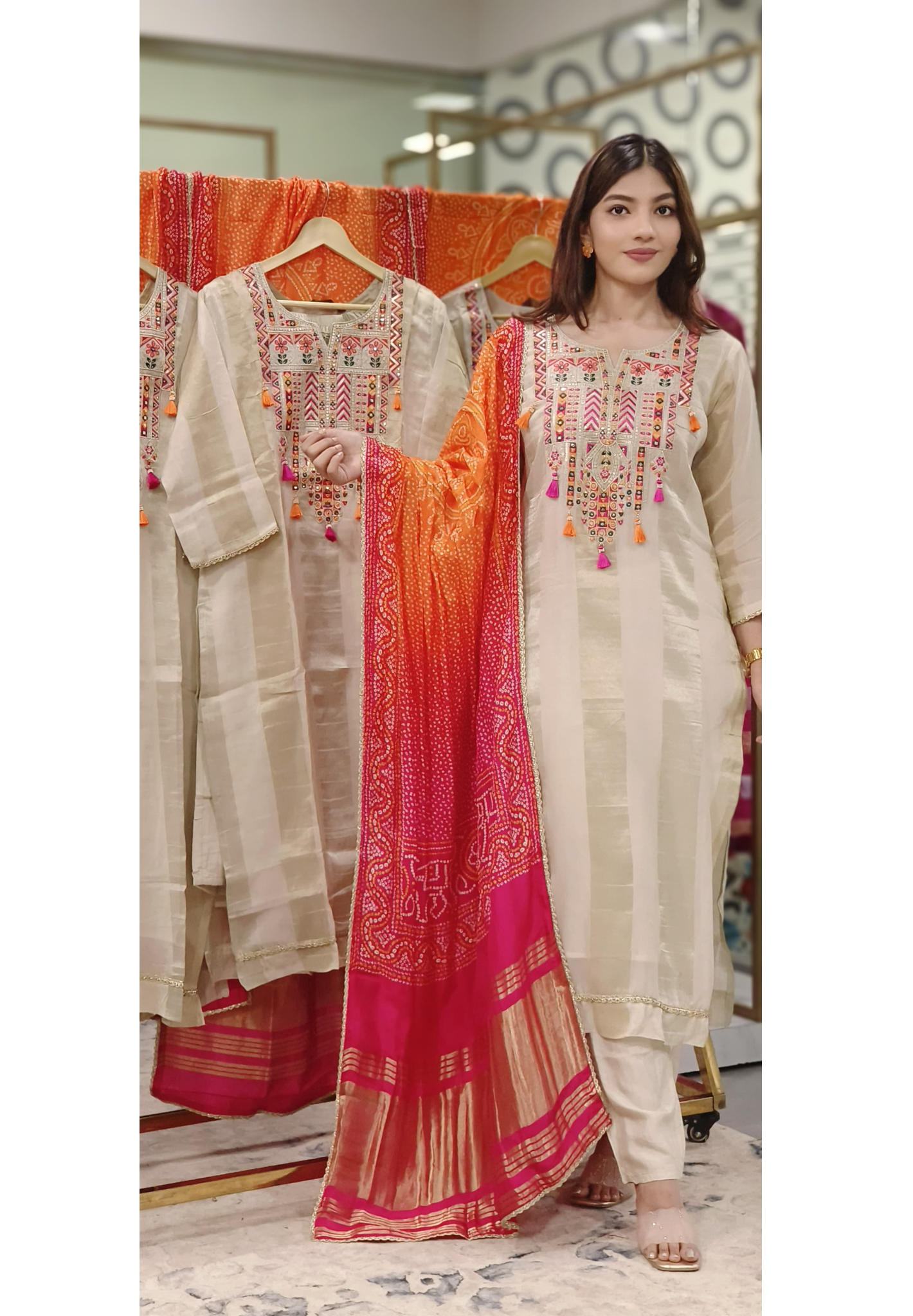 Foil Mirror Multicolored Embroidered Yoke Full Suit Set With Bandhej Dupatta In Shimmer Tissue Fabric