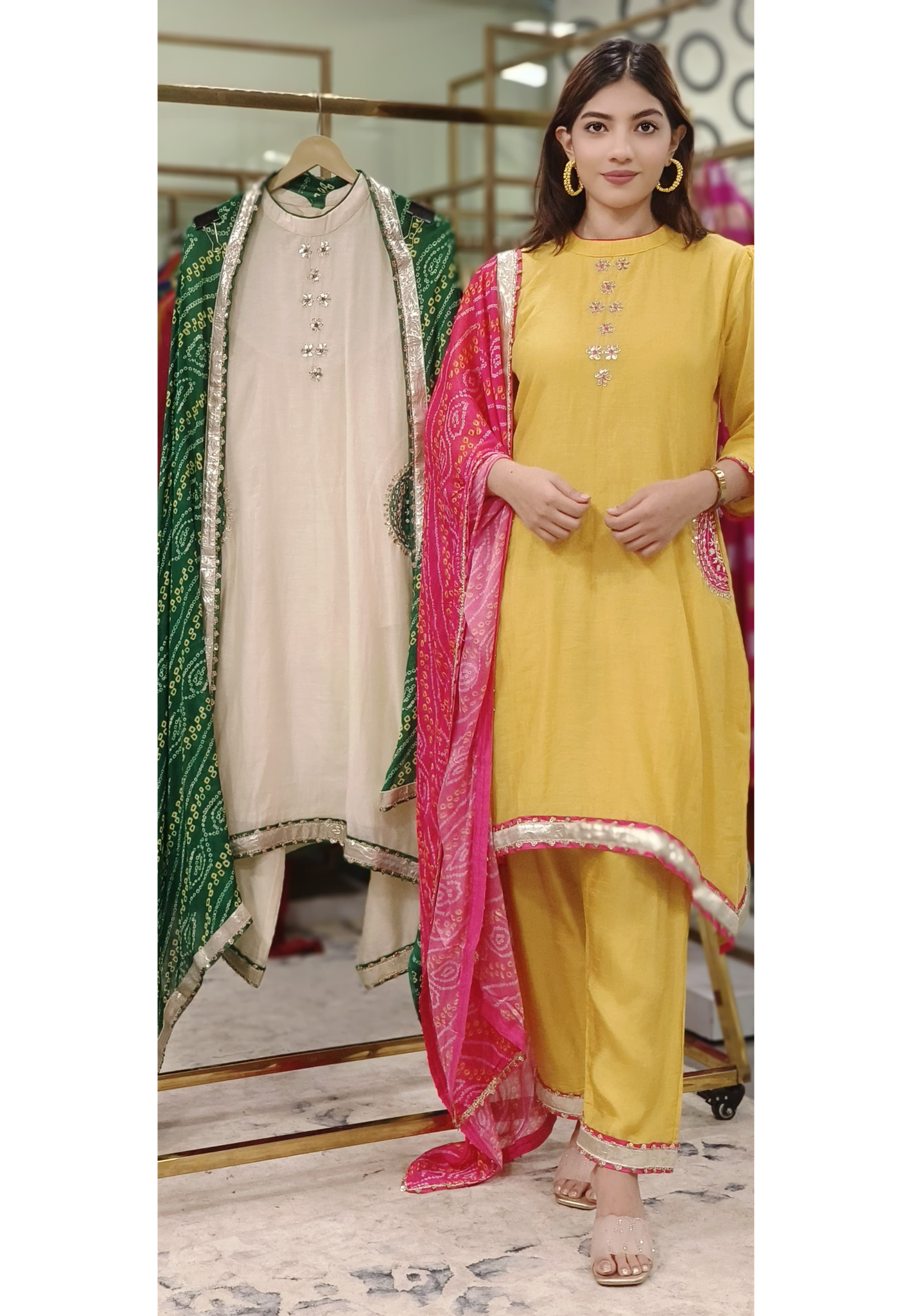Minimal Work High & Low A-Line Full Suit Set With Bandhej Dupatta In Mul Chanderi Fabric