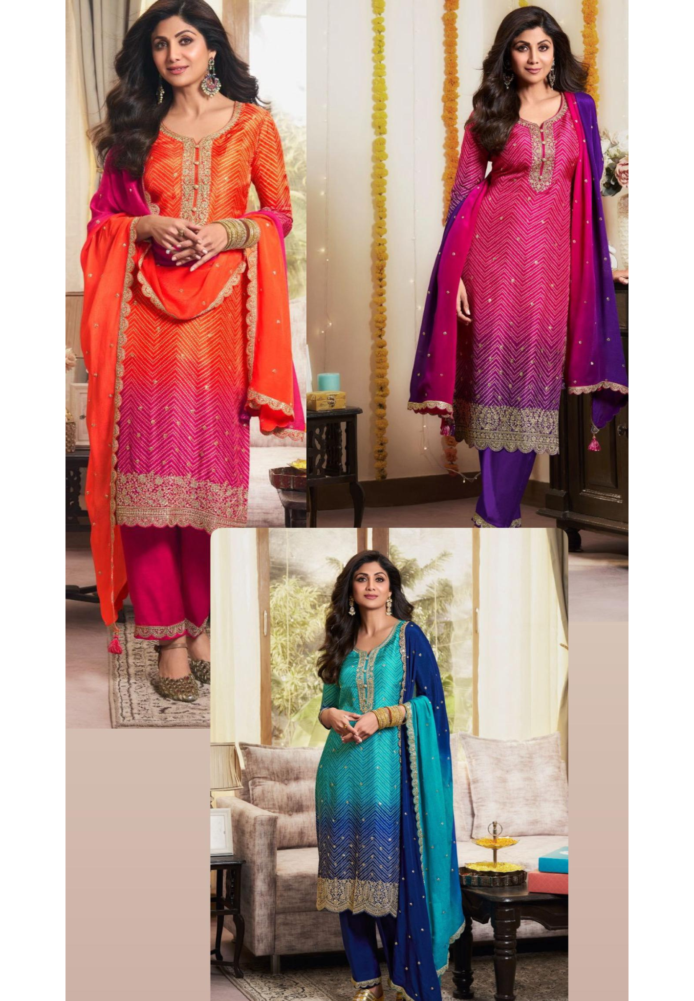 Shilpa Shetty Inspired Dual Color Blast Dola Silk Full Suit Set With Dupatta- 10525