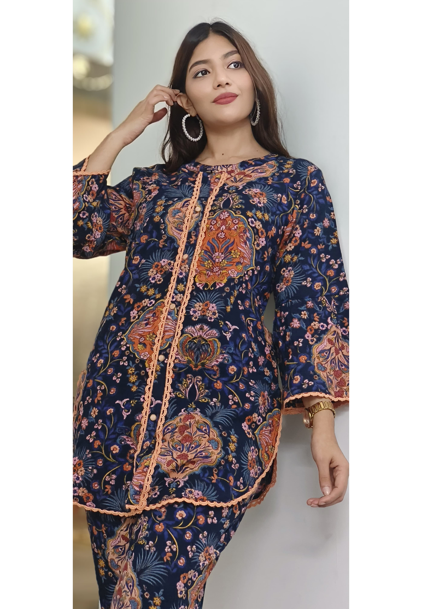 Flex Cotton Mandarin Collar Floral Glance Co-Ord Set