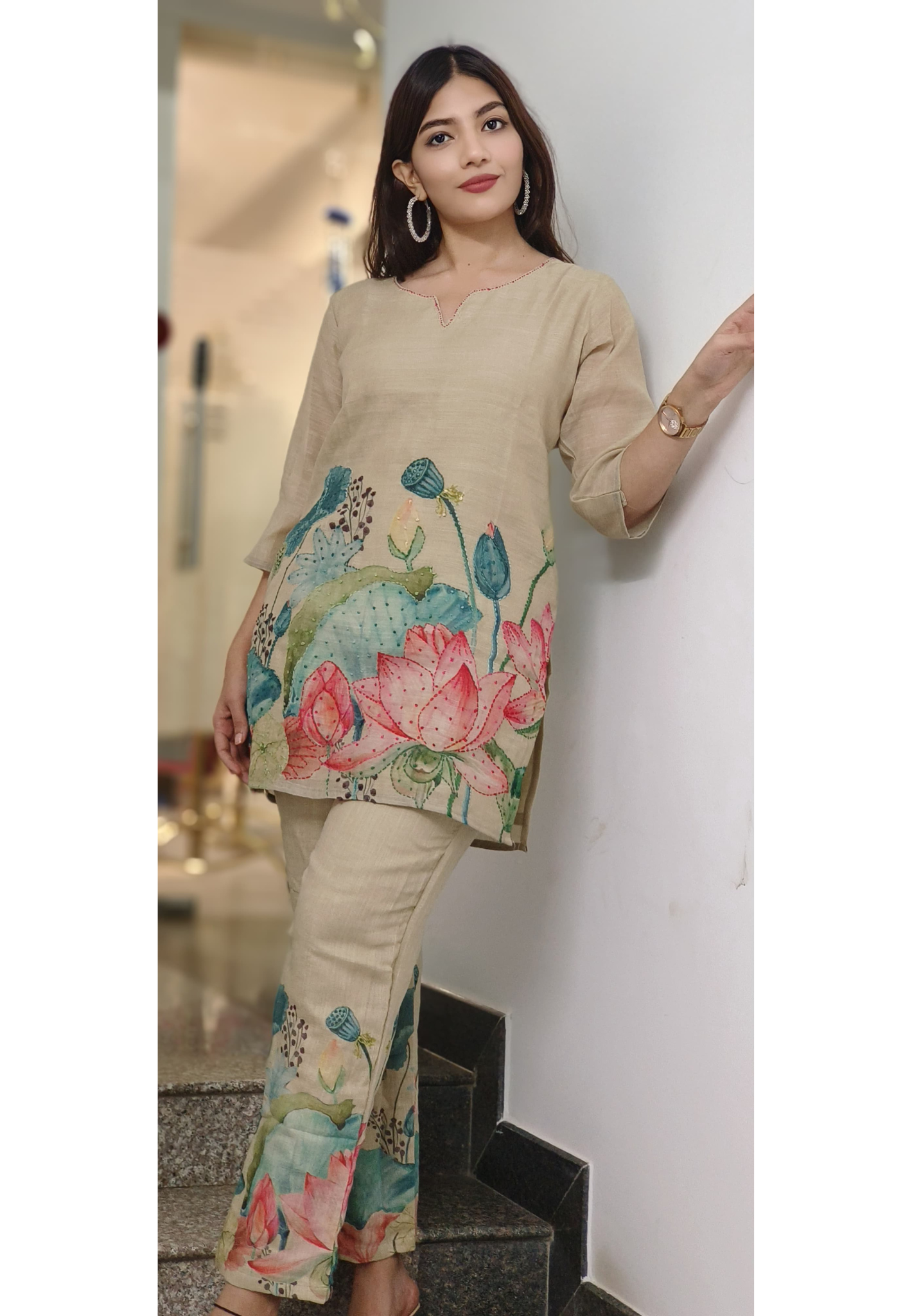 Jute Fabric Floral Print With Katha Work Co-Ord Set