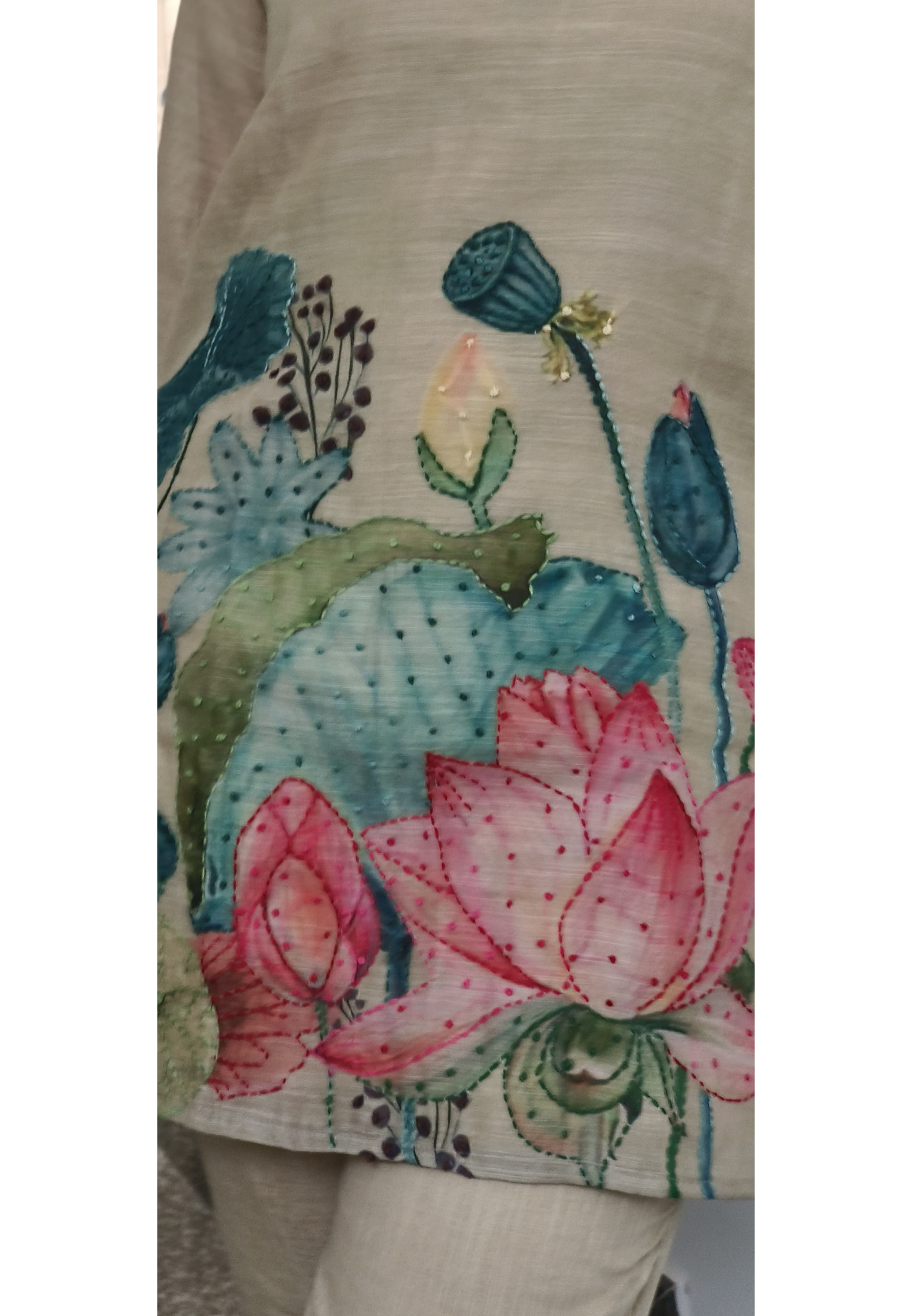 Jute Fabric Floral Print With Katha Work Co-Ord Set