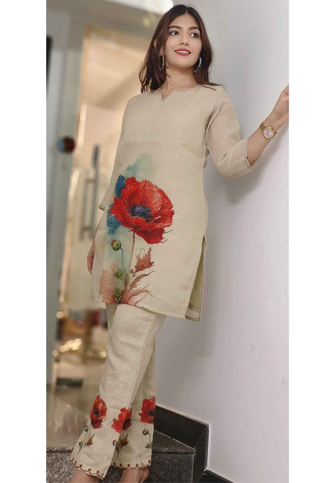 Jute Fabric Flower Print Look Co-Ord Set