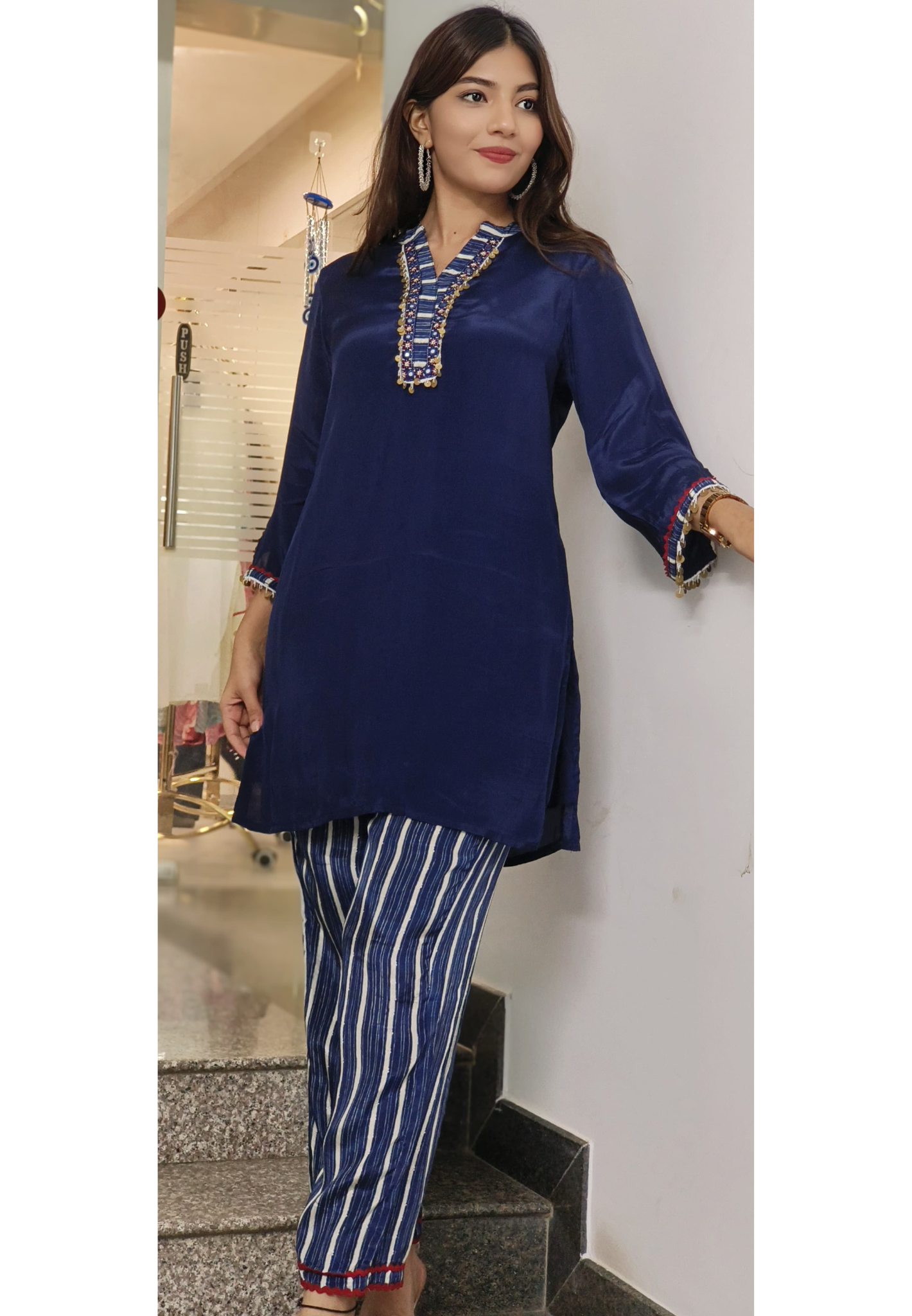 Solid Kurta With Striped Pant Set In Muslin Fabric- 10448