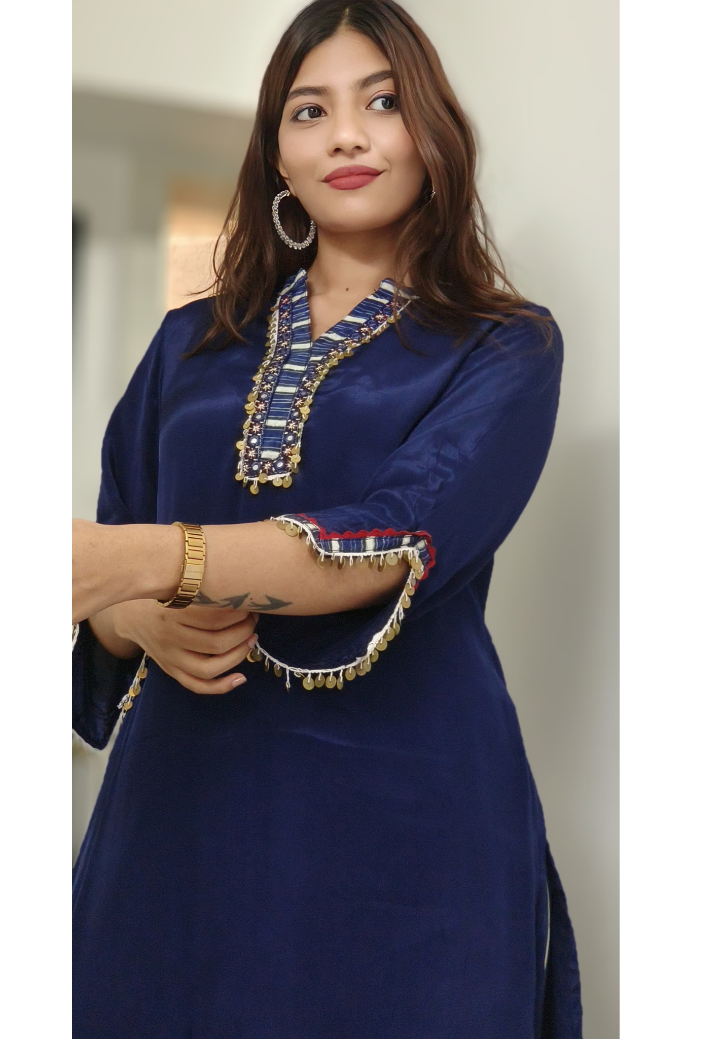 Solid Kurta With Striped Pant Set In Muslin Fabric- 10448