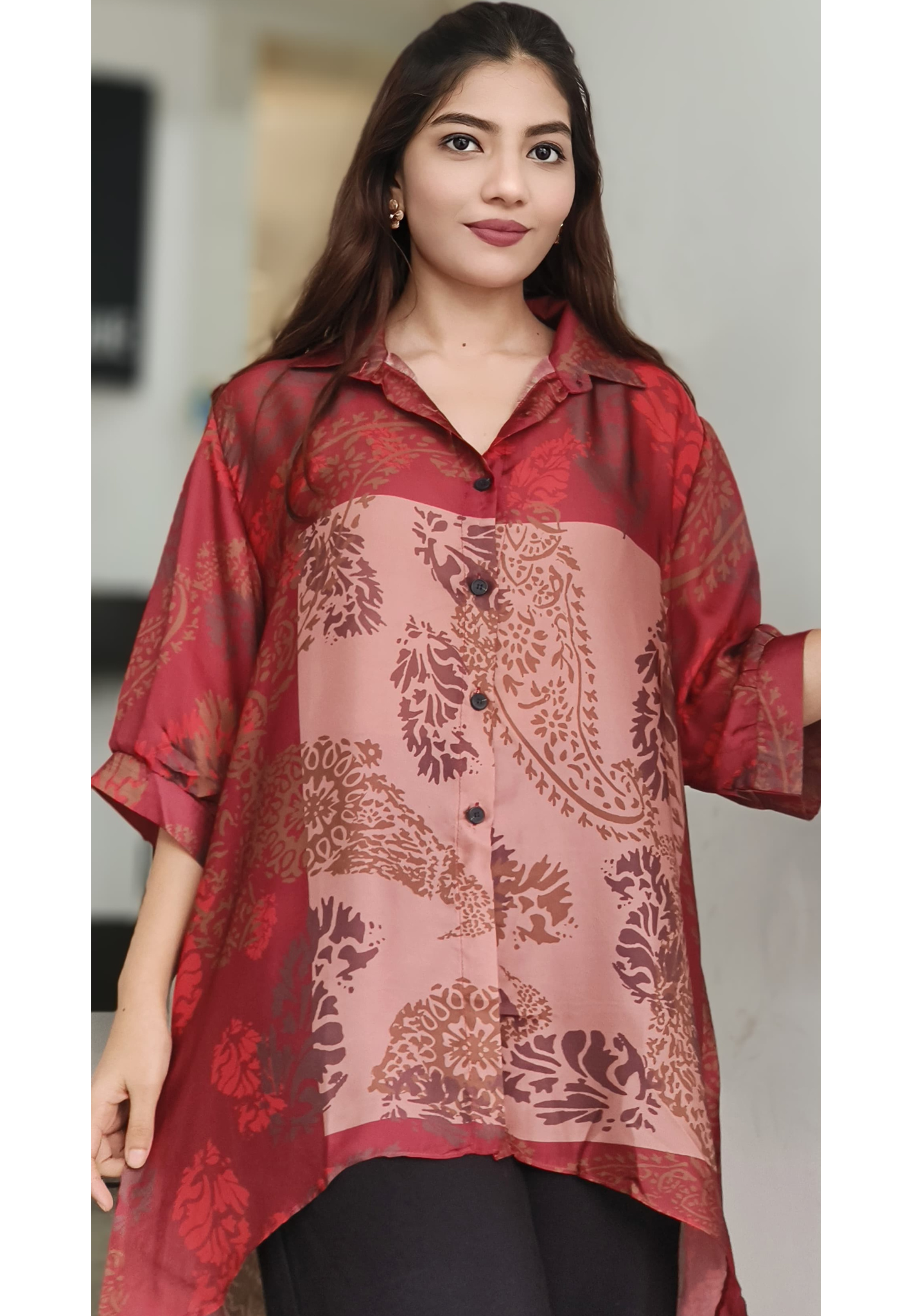 Color Mix Different Prints Collared Casual Long Shirt- 10544
