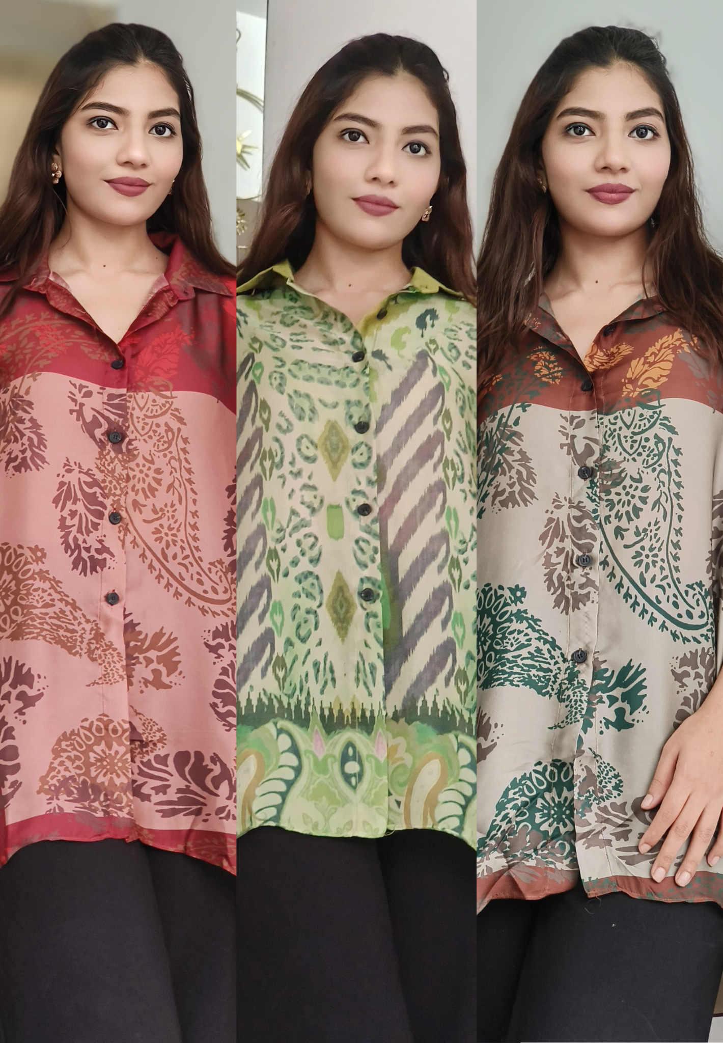 Color Mix Different Prints Collared Casual Long Shirt- 10544