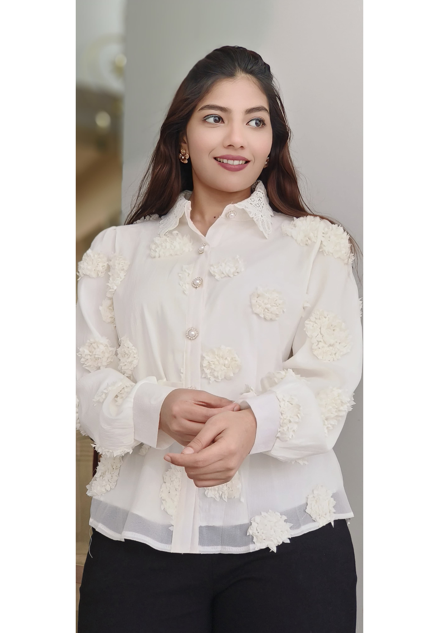 Popped Flower Lace Elegance Shirt With Pearl Button