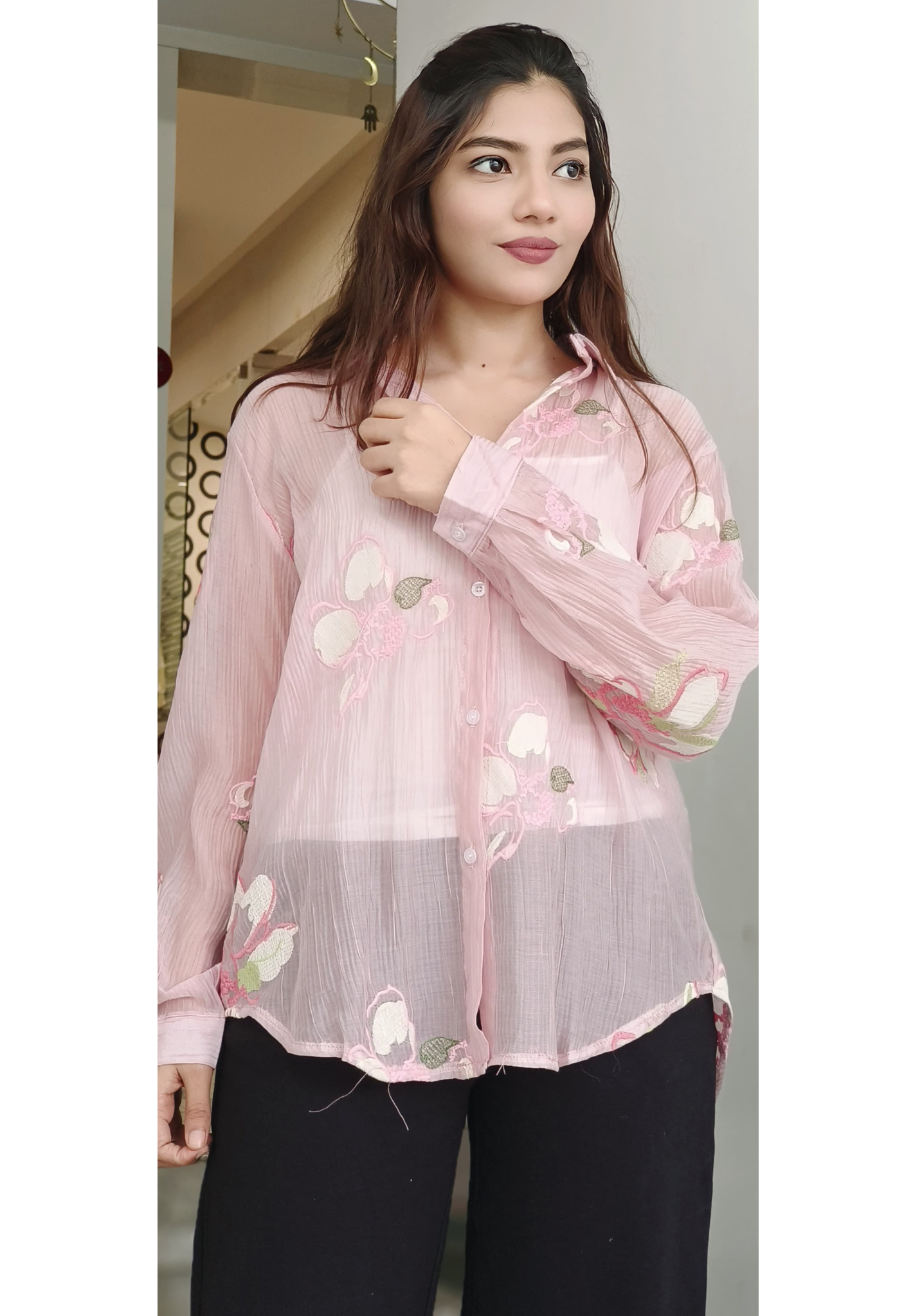 Pastel Glance Floral Embroidery Casual Shirt
