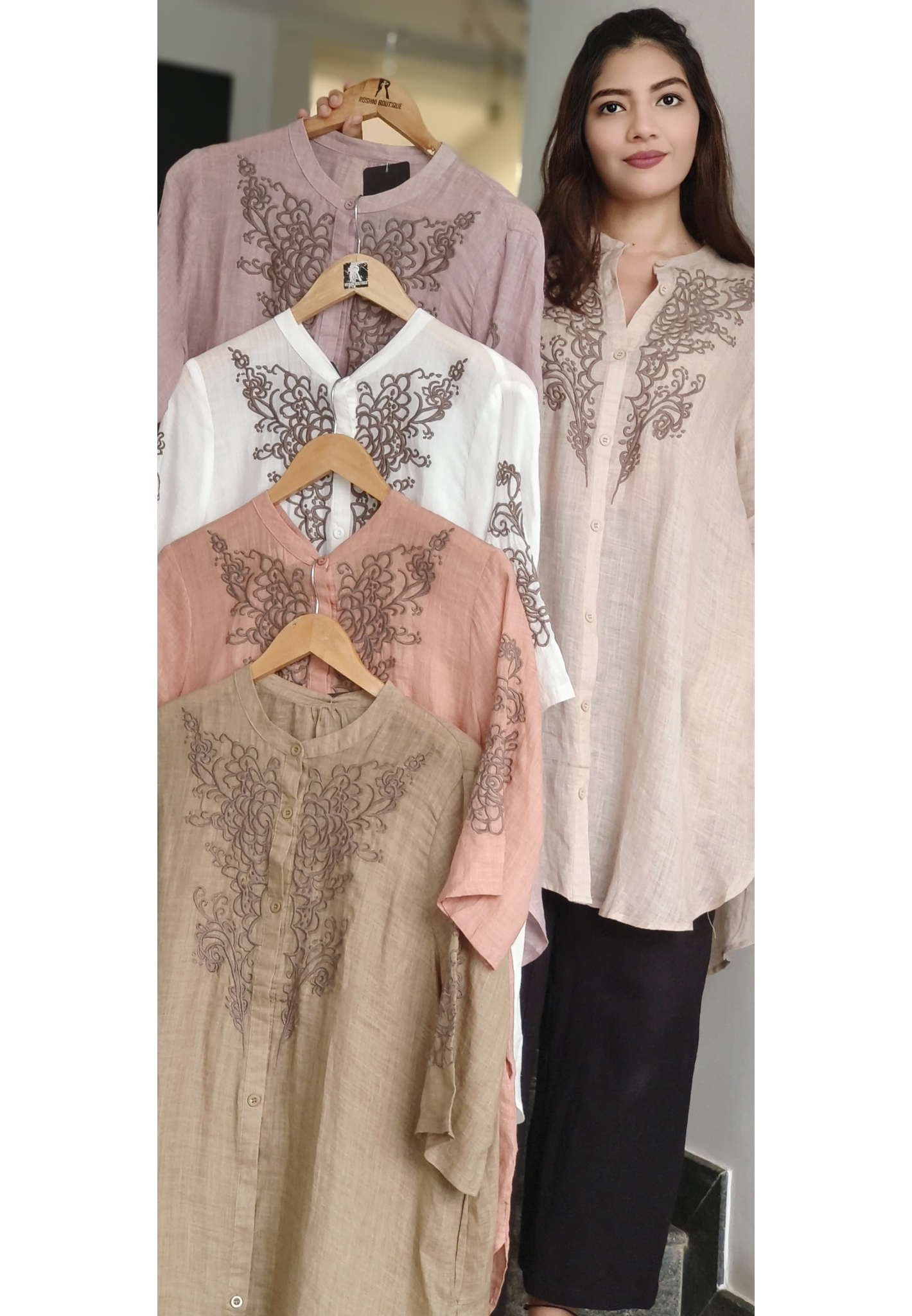 Pure Linen Embroidered Mandarin Collar Casual Shirt