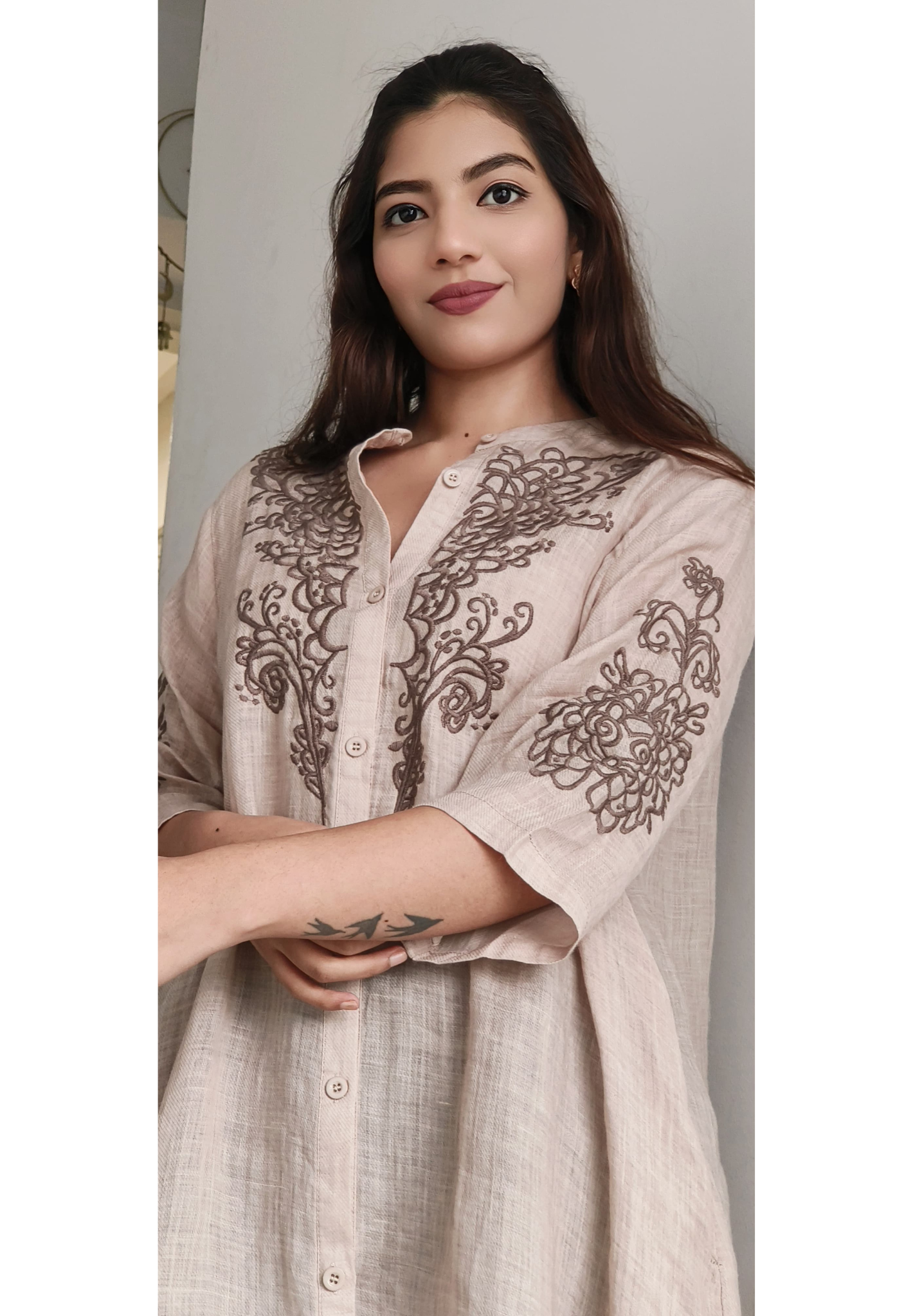 Pure Linen Embroidered Mandarin Collar Casual Shirt