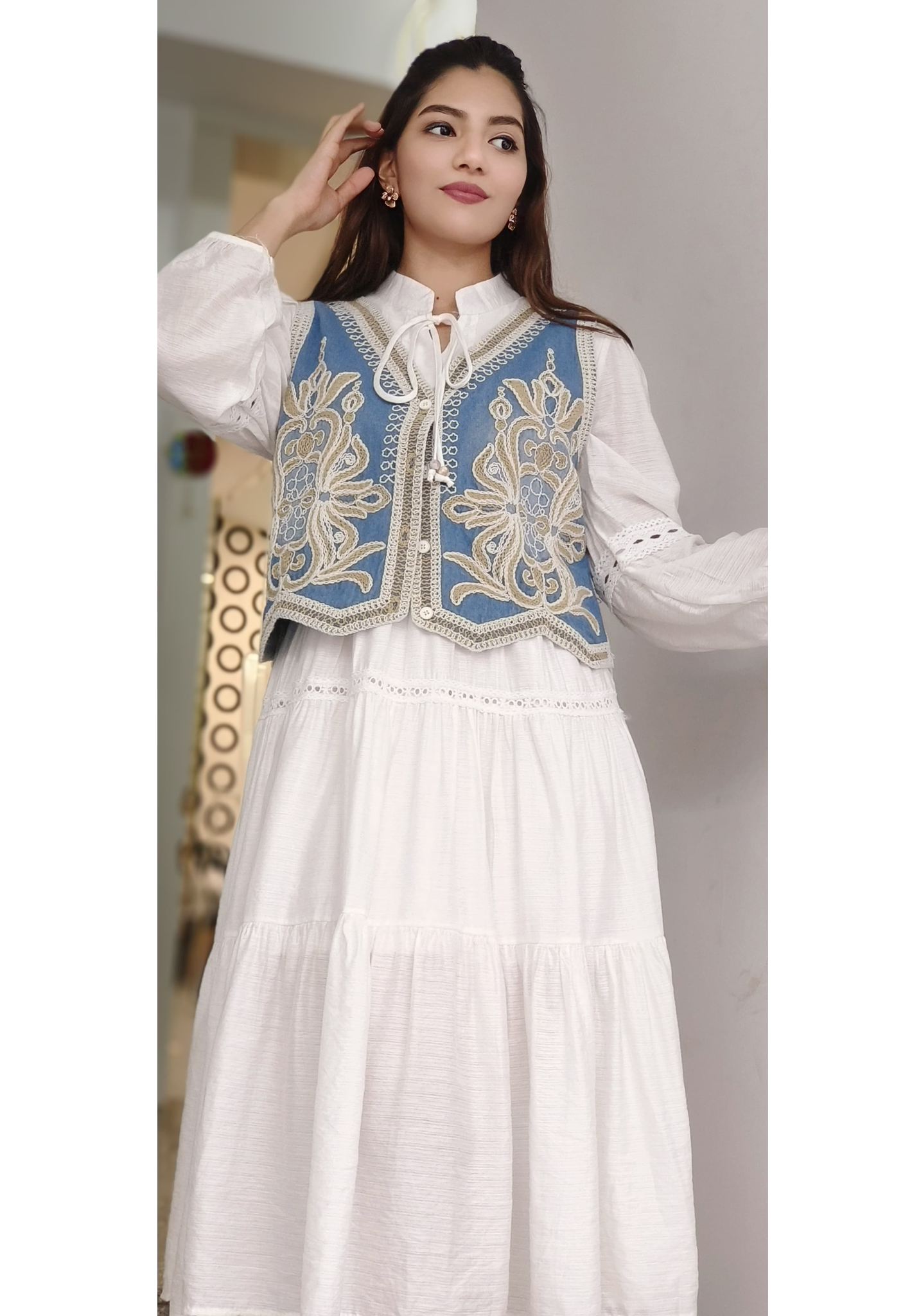 Boho Embroidered Work Denim Look Jacket Dress