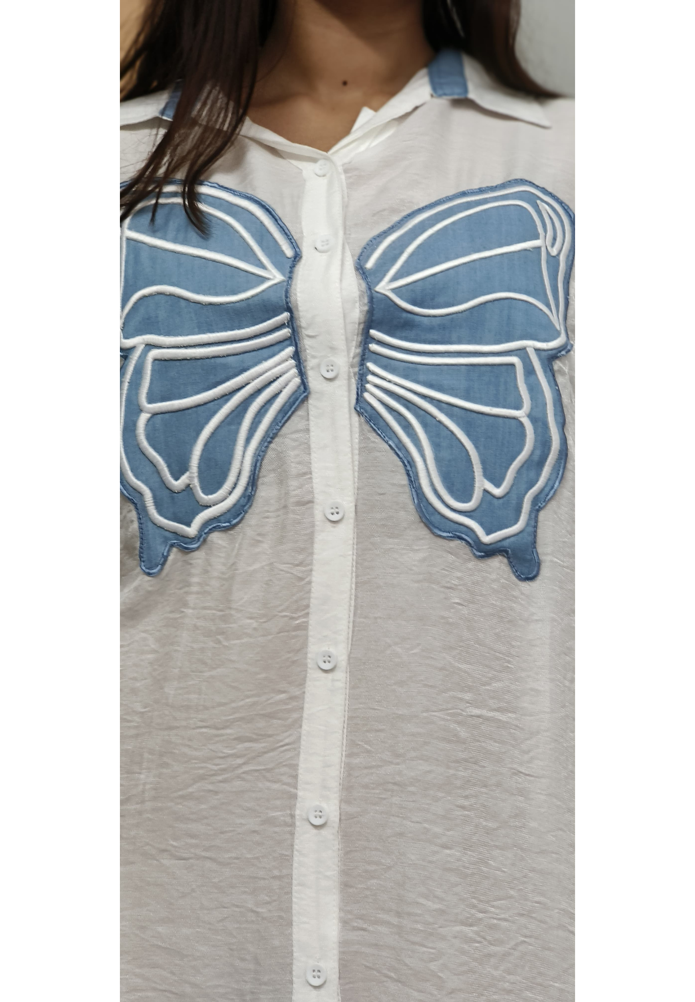 Butterfly Outline Embroidery Collared Shirt