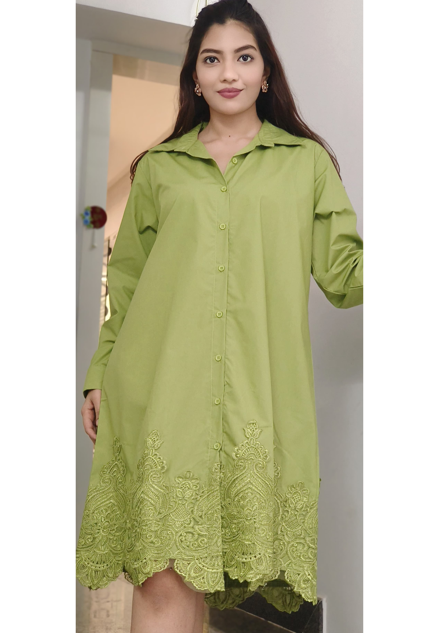 Graceful Olive Collared Shirt Look Dress